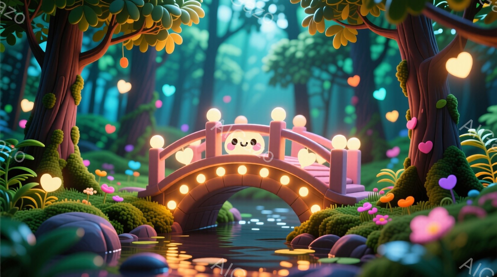 鮮やかなピンク色のアーチ橋が、緑豊かな森の中にあります。橋には可愛らしい顔が描かれており、周りにはカラフルな花や光る玉が散りばめられて、幻想的な雰囲気を醸し出しています。水面には橋と玉の光が反射し、ま - AI生成フリー素材