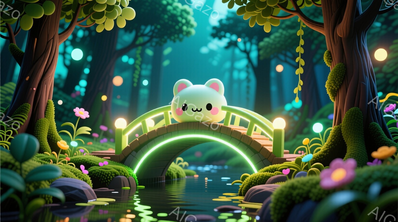明るい緑色のアーチ橋が、穏やかな水面に架かっています。橋の中央には、丸くて白い可愛らしいキャラクターが立っており、つぶらな瞳と控えめな笑顔でこちらを見ています。背景は、鮮やかな緑色の植物や花々が生い茂る森で、ほのかに光る葉が幻想的な雰囲気を醸し出しています。