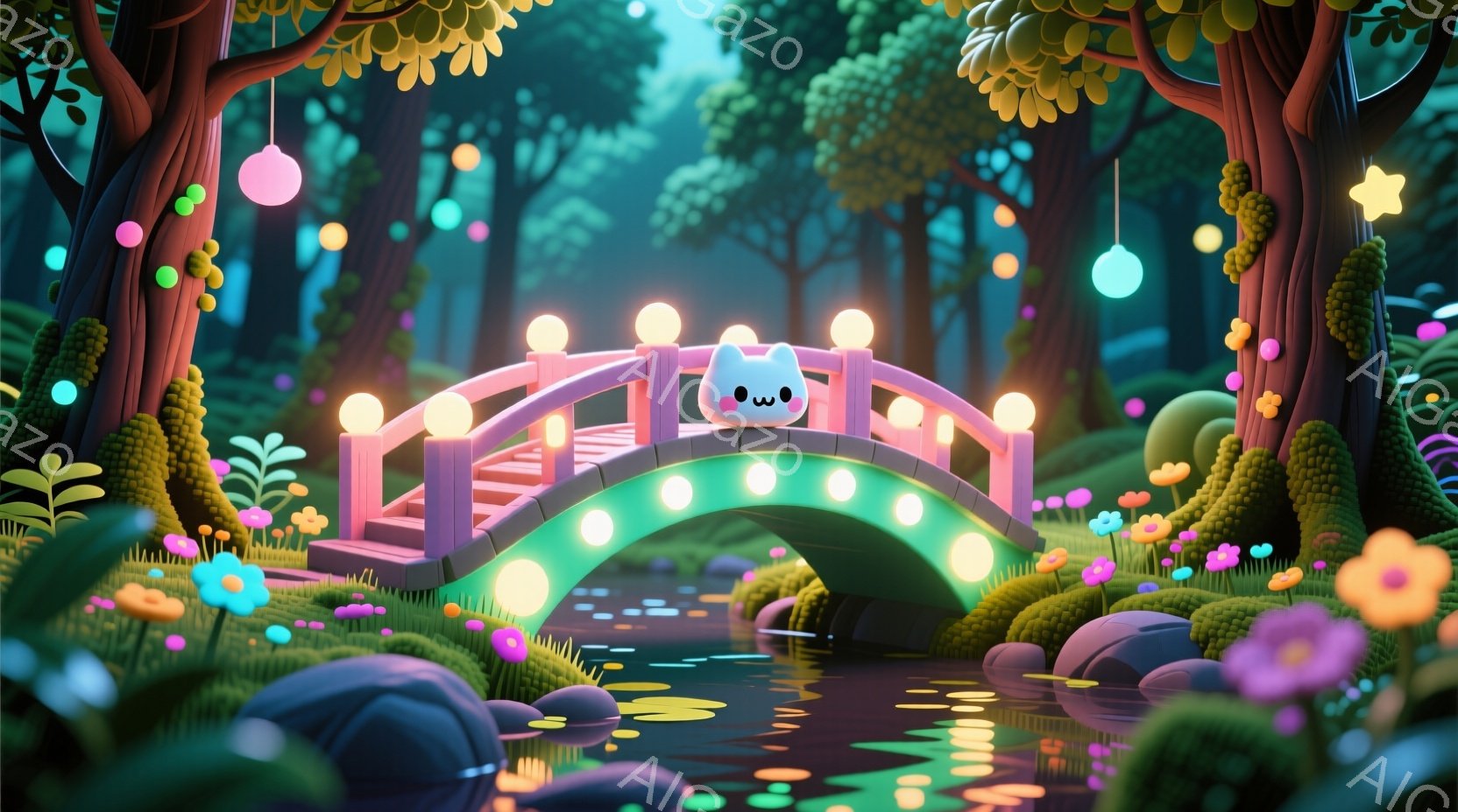 明るいピンク色のアーチ橋が、緑豊かな水辺に架かっています。橋の上には、丸くて可愛らしい顔をした小さなキャラクターが立っており、楽しそうな表情をしています。背景には、色とりどりの花や植物が生い茂り、幻想 - AI生成フリー素材