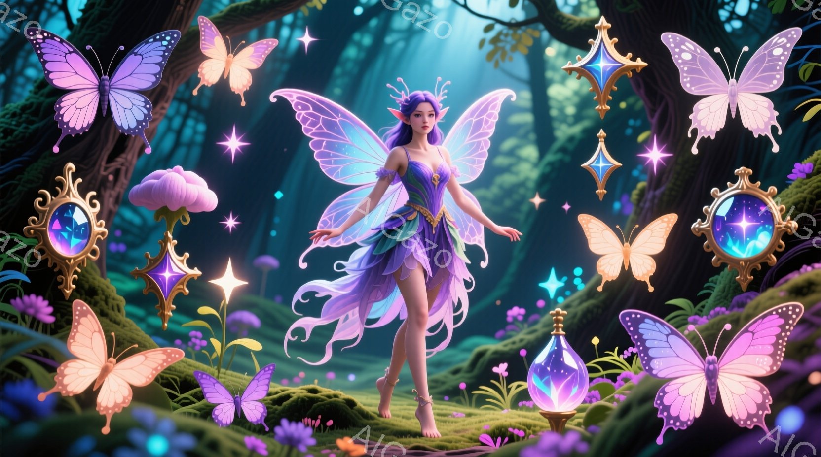 紫色の衣装を身にまとった女性が、草原で優雅に立っている。彼女は長いウェーブのかかった髪を持ち、顔には精巧なメイクが施され、神秘的な雰囲気を醸し出している。背景には、光るキノコや蝶、星屑が散りばめられ、幻想的で美しい自然環境が広がっている。