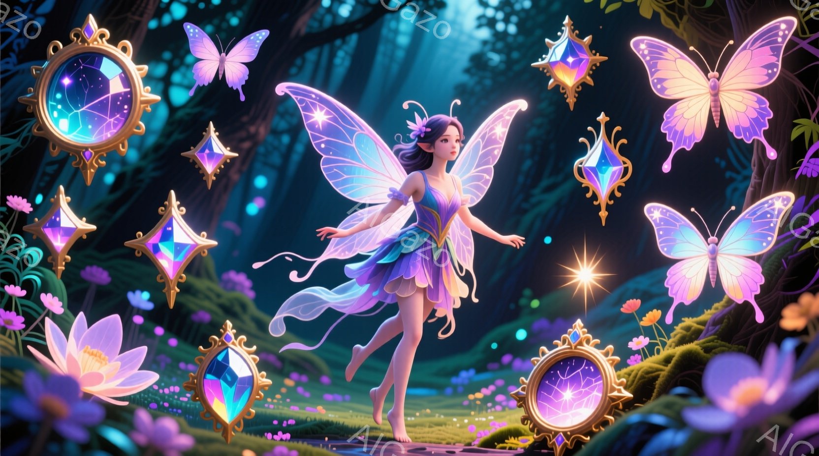 妖精が薄暗い森の中で踊っている姿が描かれています。彼女は淡い紫とピンクのグラデーションのドレスと、光り輝く羽を持っています。背景には、光る蓮の花や、宝石のような装飾が浮かび、幻想的な雰囲気を醸し出して - AI生成フリー素材