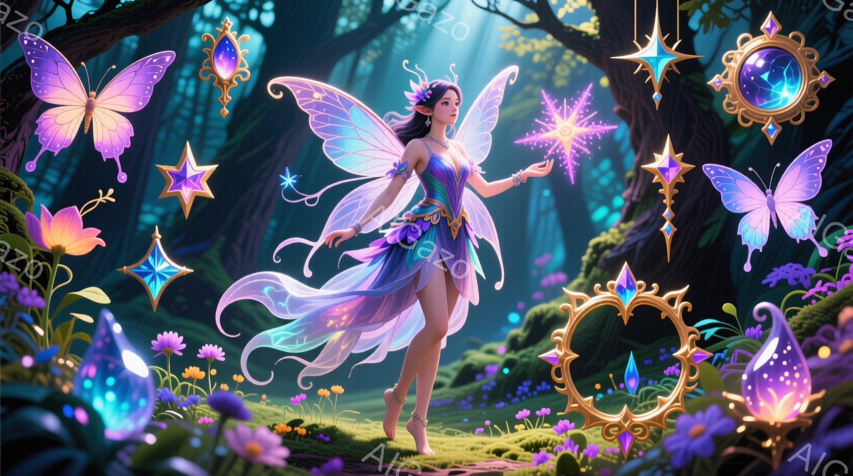 美しい妖精が、緑豊かな森の中で光り輝く杖を手にしている。彼女は、淡い紫色とターコイズブルーのグラデーションのドレスと、長い巻き毛の髪型をしており、足には装飾が施されている。背景には、幻想的な光を放つ蝶 - AI生成フリー素材