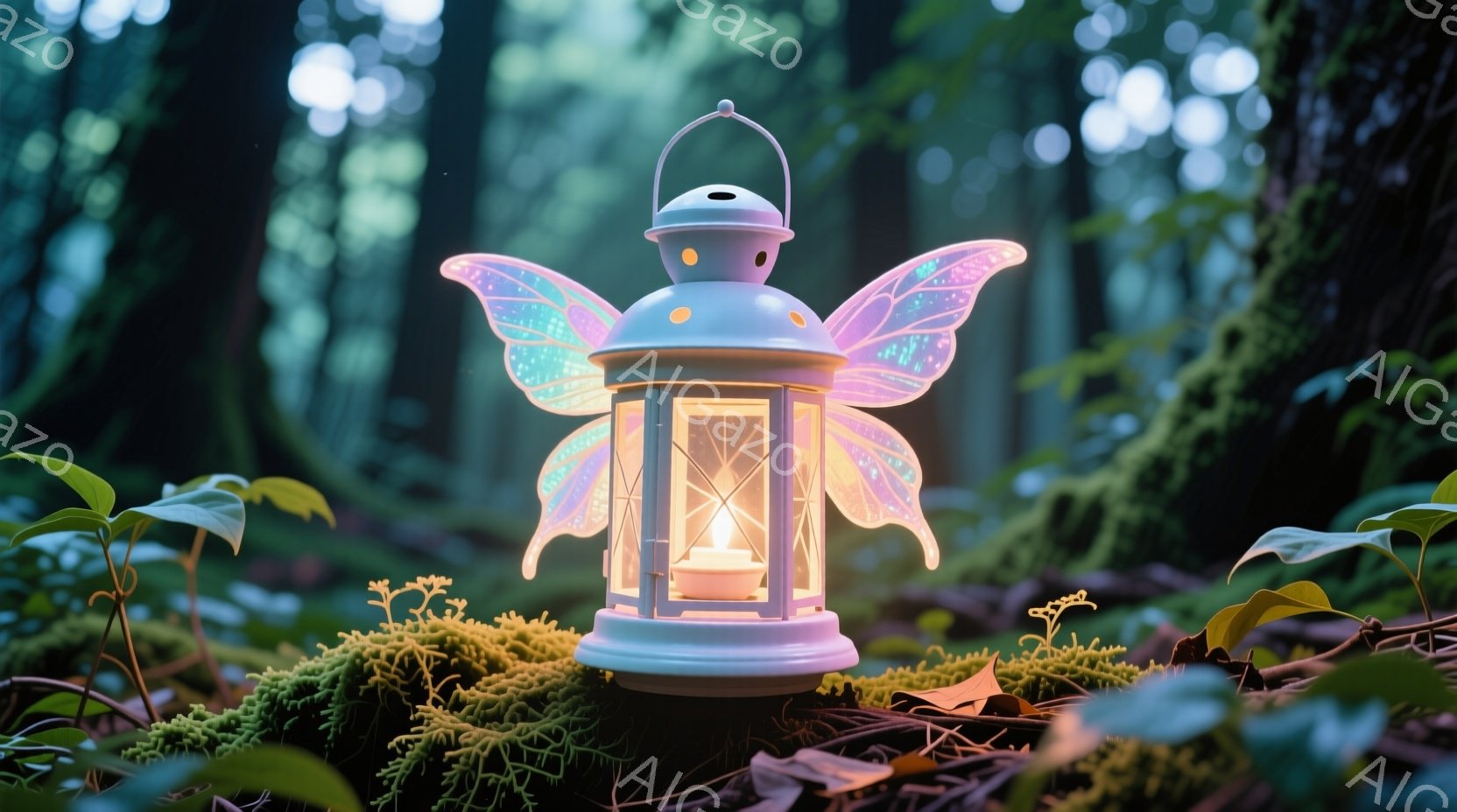 明るい森の中、幻想的な光を放つ、かわいらしい提灯が描かれています。提灯は淡いピンク色で、妖精のような透き通った翼が付いており、柔らかい光が灯っています。周囲には緑色の苔や落ち葉があり、幻想的で温かい雰囲気を醸し出しています。
