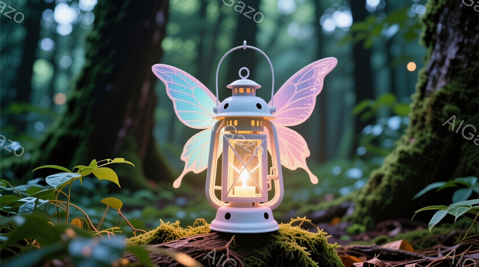 鮮やかな緑の森の中で、蝶の翼を持つ可愛らしい提灯が光を放っている。提灯は白く、翼は虹色に輝き、苔むした地面の上に静かに置かれている。背景には木々が生い茂り、幻想的で優しい雰囲気が漂っている。 - AI生成フリー素材