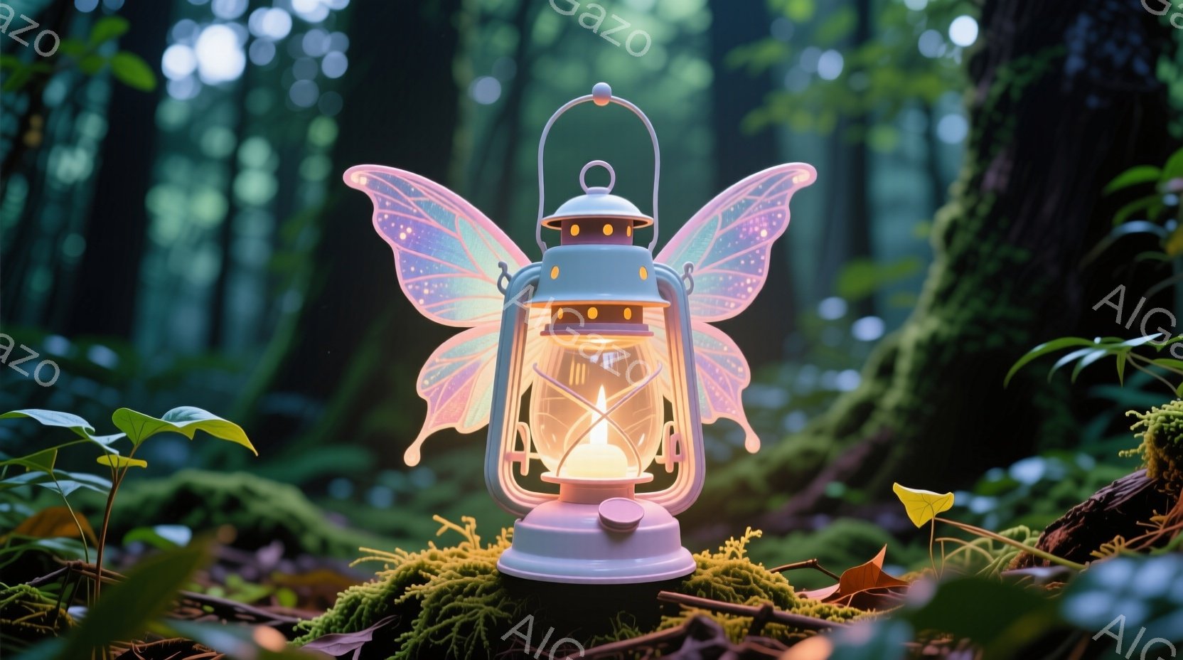 苔むした林の床に、可愛らしいランタンが置かれている。このランタンは淡いピンクと白を基調とした色合いで、背中には繊細な蝶の羽が付いており、温かい光を放っている。背景は緑豊かな植物に覆われ、幻想的で穏やか - AI生成フリー素材