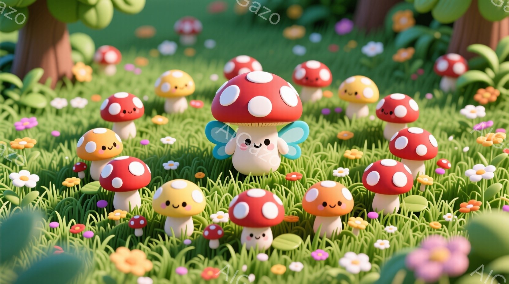 緑豊かな草地に、可愛らしいキノコたちが集まっています。赤いキノコは白い水玉模様で、一部には小さな羽が生えており、優しい笑顔を浮かべています。背景には緑の草や色とりどりの花が咲き乱れ、暖かく幻想的な雰囲 - AI生成フリー素材