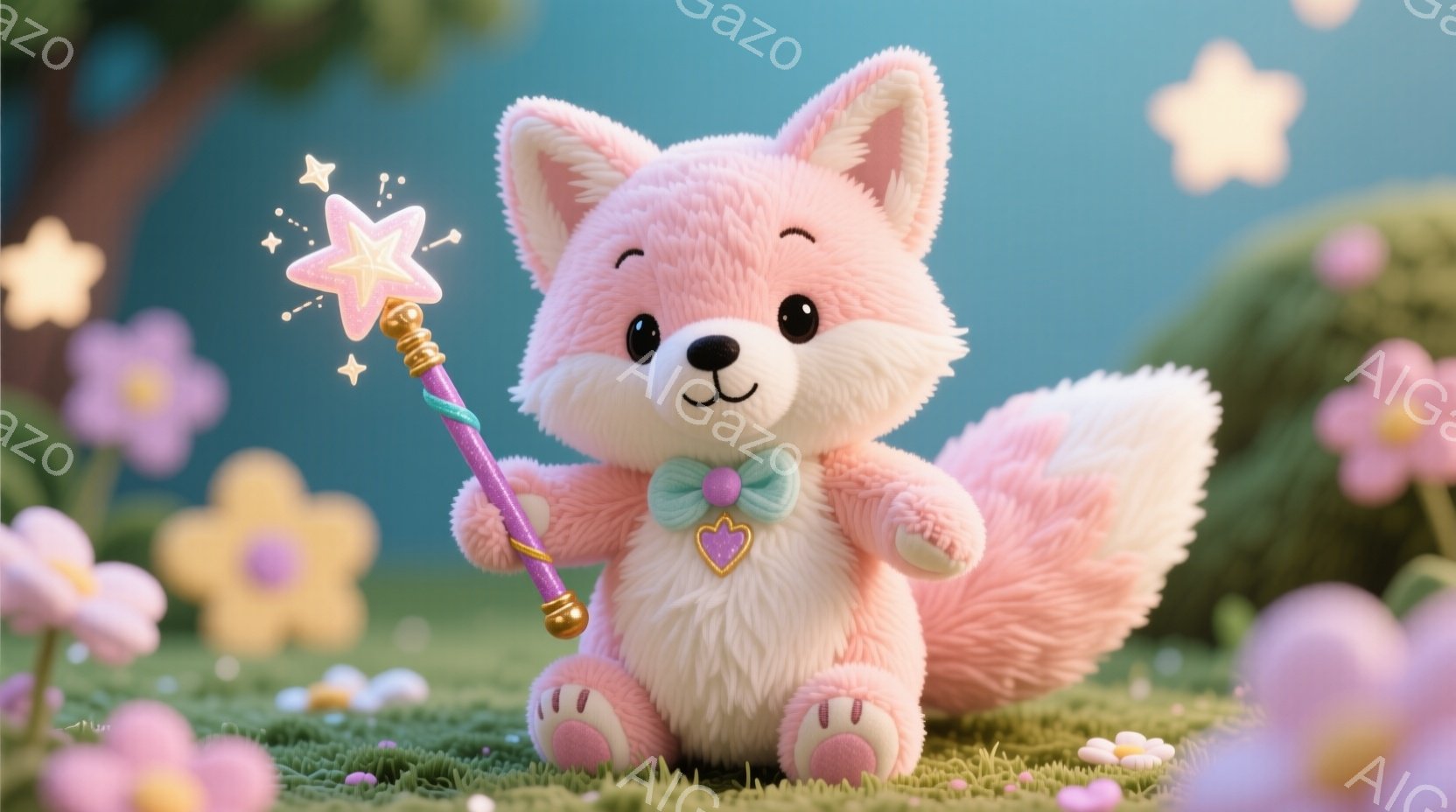 ふわふわのピンク色のキツネが、ターコイズブルーのリボンと金色のハートのペンダントを身に着けています。キツネは片手を上げて、星の形をした魔法の杖を持っています。背景には、緑の草の上にピンクと黄色の花が咲 - AI生成フリー素材