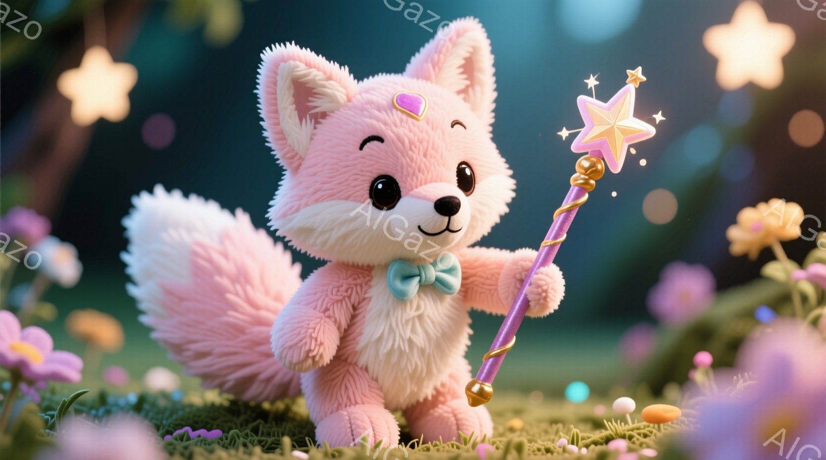 ふわふわのピンク色の狐が、ターコイズブルーのリボンをつけて立っています。片手に魔法の杖を持ち、愛らしい表情をしています。背景には、ピンクと黄色の花々が咲き乱れ、幻想的な光の粒子が舞い、夢のような雰囲気 - AI生成フリー素材