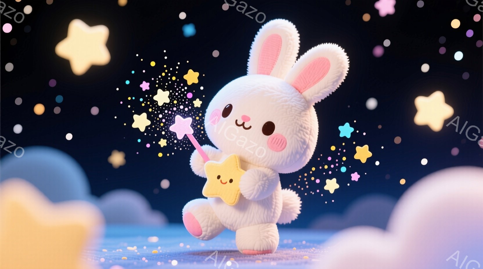 ふわふわの白いウサギが、小さな星の杖を持って楽しそうに歩いています。ウサギはピンク色のブーツを履き、満面の笑みを浮かべています。背景には、パステルカラーの雲と、様々な色や形の星が散りばめられており、夢 - AI生成フリー素材