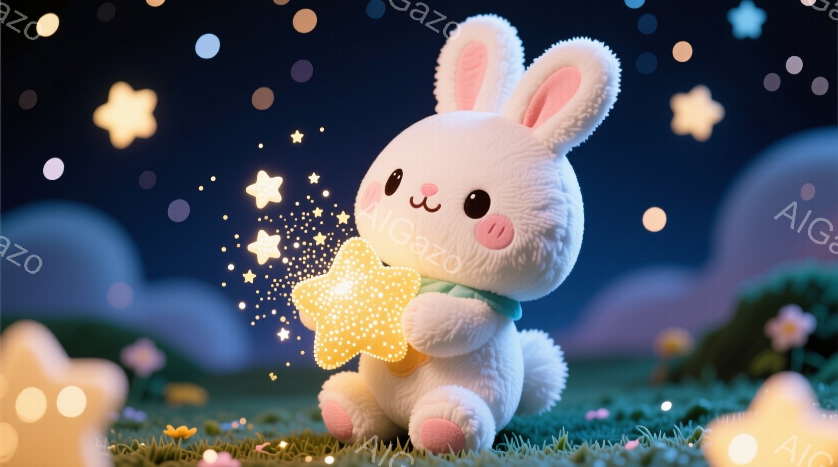 ふわふわの白いウサギが、光り輝く星の形をしたおもちゃを抱きしめています。ウサギはピンクの頬と愛らしい表情で、緑の草の上に座っています。背景には、ぼんやりとした紫色の丘と、きらめく星空が広がり、夢のよう - AI生成フリー素材
