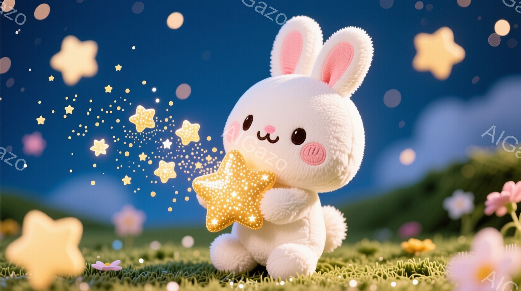 ふわふわの白いウサギが、輝く金色の星を抱きしめています。緑の草の上に座り、周囲には小さな花が咲き乱れ、背景には夜空が広がり、星が散りばめられています。全体的に、暖かく、夢のような、そして可愛らしい雰囲 - AI生成フリー素材