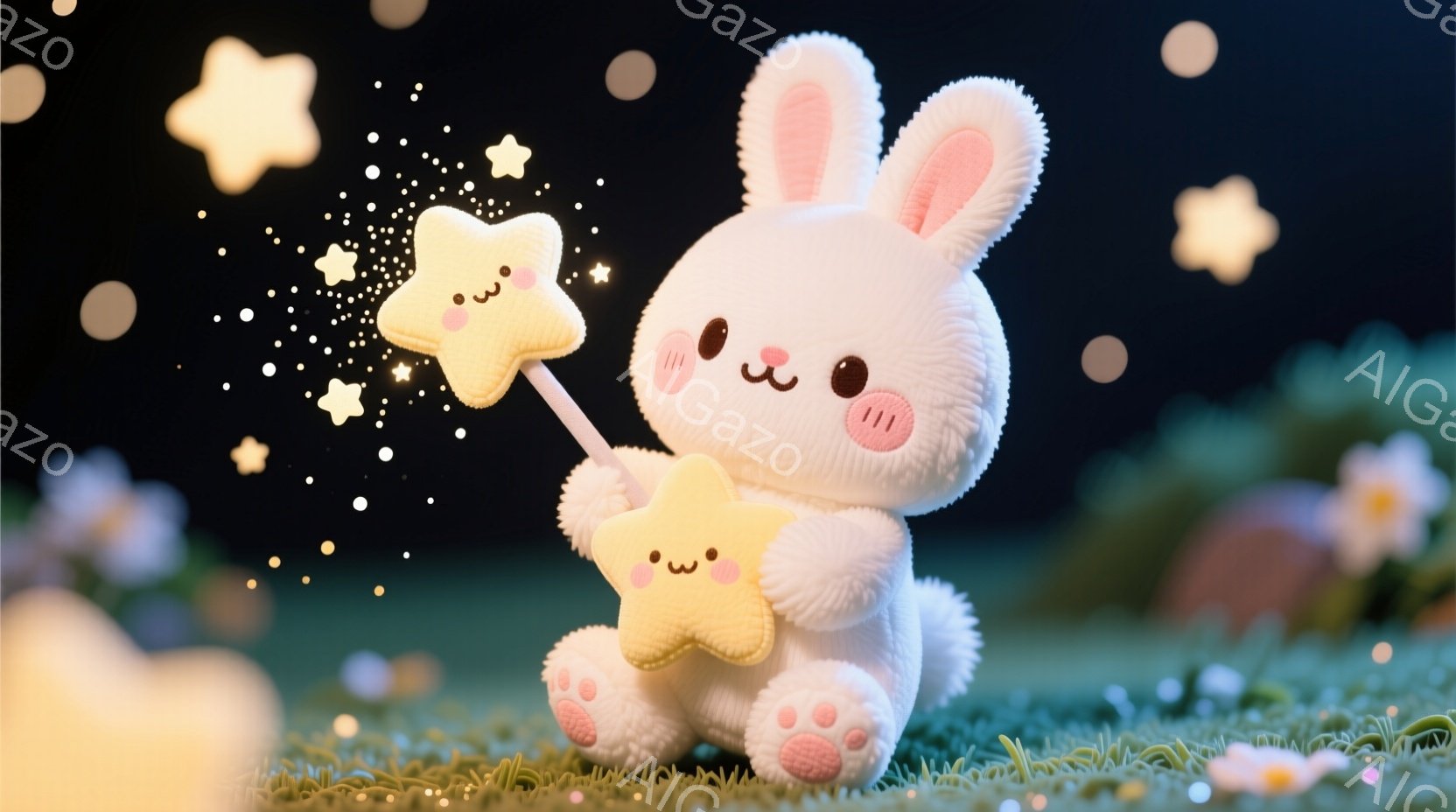 ふわふわの白い子ウサギが、両手に星の形をしたおもちゃを持っている。緑色の草の上に立っており、周りには小さな光る花や星が散りばめられている。全体的に柔らかく、幻想的な雰囲気が漂っている。