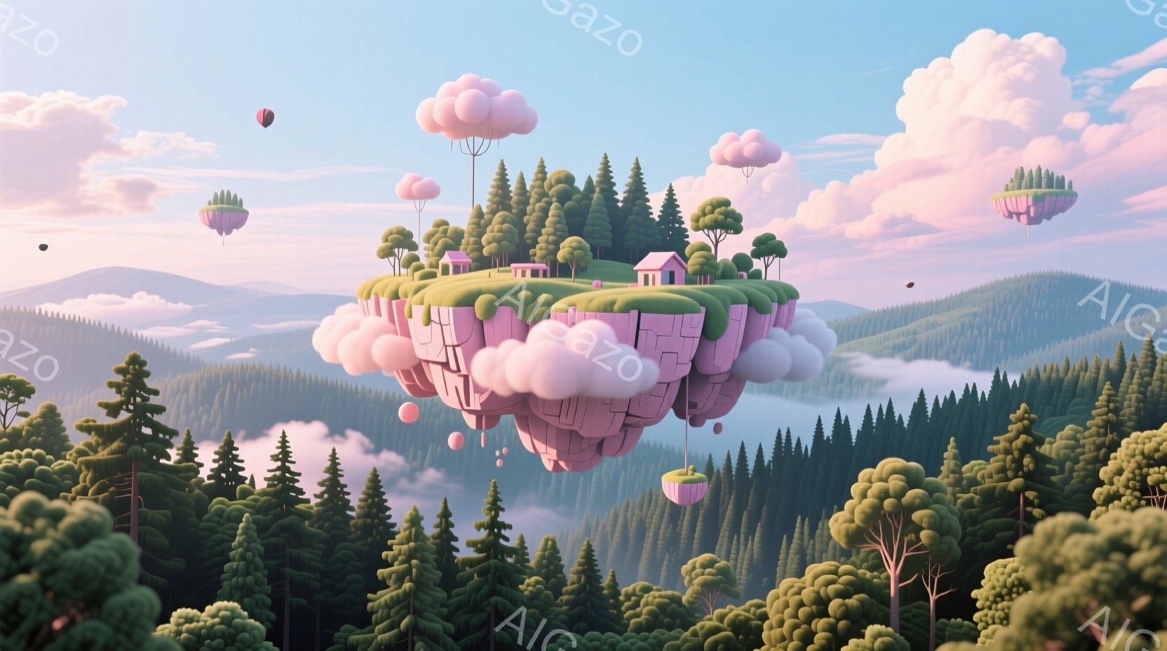 浮遊する島々は、緑豊かな森林と可愛らしい家々が点在し、ピンク色の雲のような気球に支えられている幻想的な風景です。背景には、霞んだ山々が連なり、穏やかで平和な雰囲気を醸し出しています。全体的にパステルカ - AI生成フリー素材