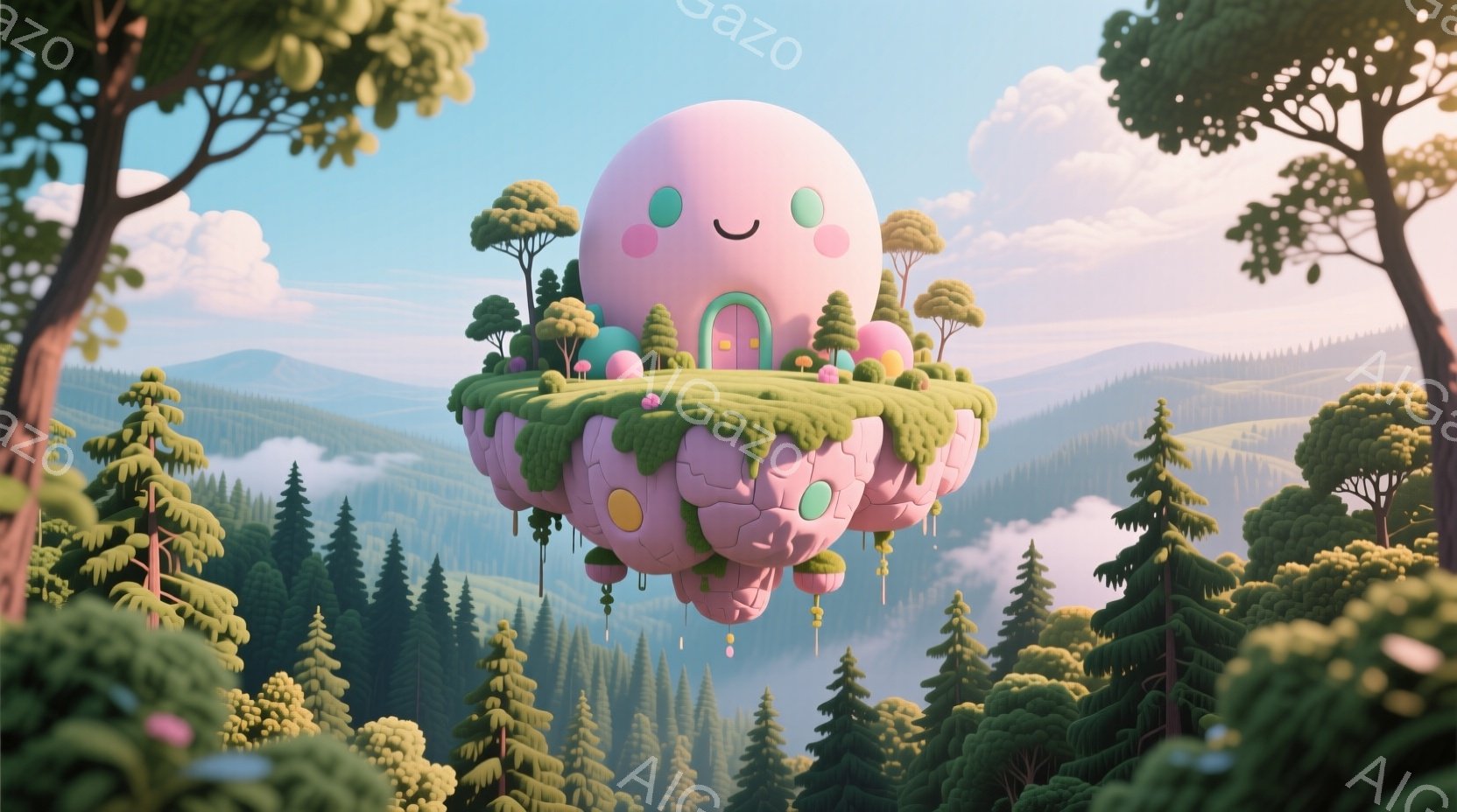 ふわふわとしたピンク色の雲のような物体が、緑豊かな丘の上空を漂っている。丘の上には小さな家があり、周囲は鮮やかな緑の木々が生い茂っている。背景には霞んだ山々が連なり、全体的に穏やかで夢幻的な雰囲気を醸 - AI生成フリー素材