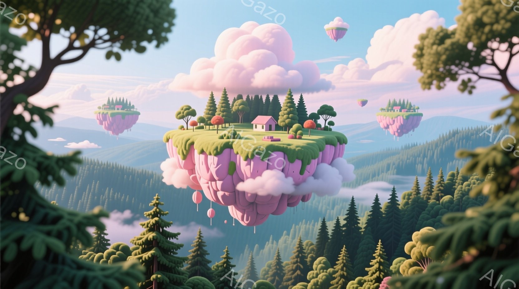 鮮やかなピンク色の雲の上に、緑豊かな木々が生い茂る小さな島が浮かんでいる様子が描かれている。遠くには、同様の島々がいくつか見え、穏やかな空にはカラフルな風船が漂っている。全体的に、夢のような、平和で幻 - AI生成フリー素材