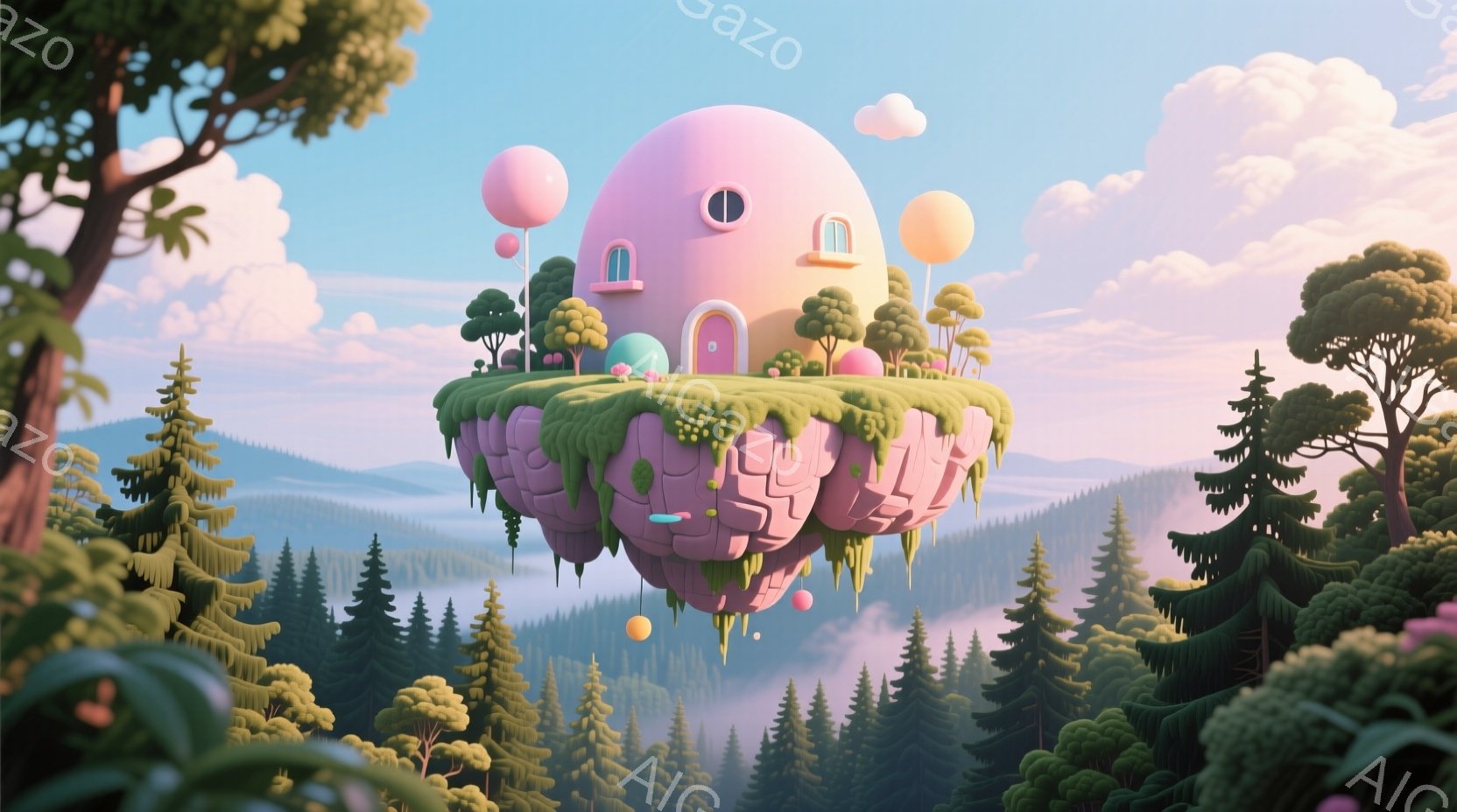 空中に浮かぶ、ピンクと紫色の雲のような島があり、その上に可愛らしい円錐形の家が建っています。背景には緑豊かな山々と、霧に包まれた遠くの風景が広がっており、全体的にファンタジーで夢のような雰囲気を醸し出 - AI生成フリー素材