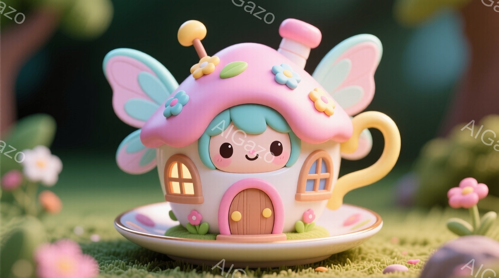 柔らかいピンク色のティーカップが、まるで小さな家のようにデザインされています。カップの上部には、可愛らしいピンク色の屋根と、緑色の髪のような装飾があり、正面には小さなドアと窓が描かれています。背景は緑 - AI生成フリー素材