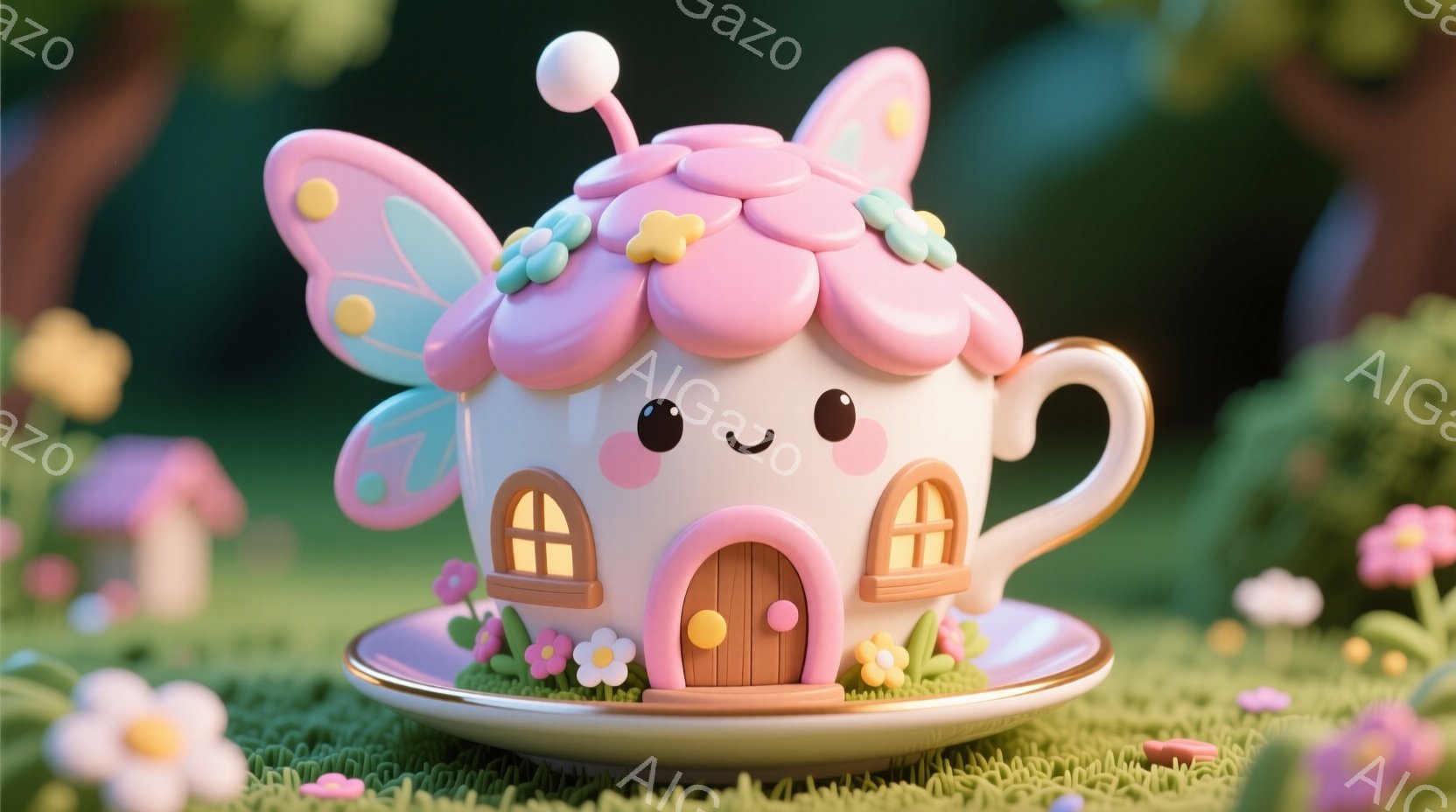 淡いピンク色のカップが、かわいらしい家の形をしており、小さな窓とドアが付いています。カップの上部には、蝶の羽のような装飾があり、周りにはカラフルな花が咲き乱れ、牧歌的な雰囲気を醸し出しています。背景は - AI生成フリー素材