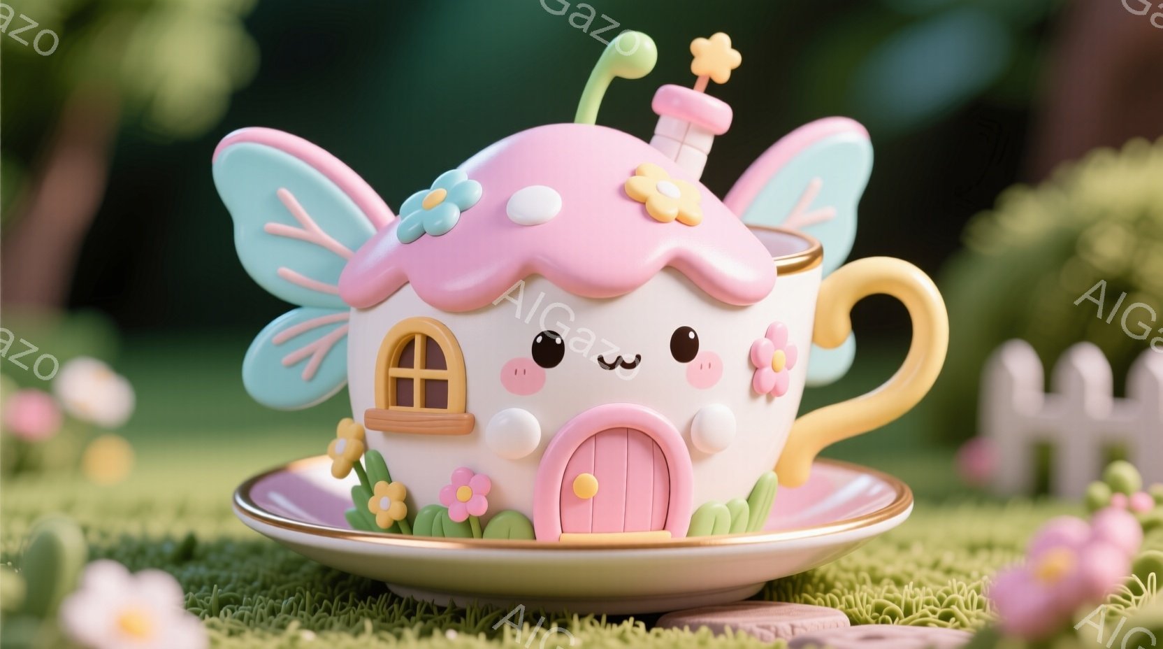 優しいピンク色のティーカップが、まるで小さなお家のように装飾されています。ティーカップの屋根には花が咲き、小さなドアと窓があり、可愛らしい表情をしています。背景には緑の芝生とぼやけた花々が見え、温かく幻想的な雰囲気を醸し出しています。