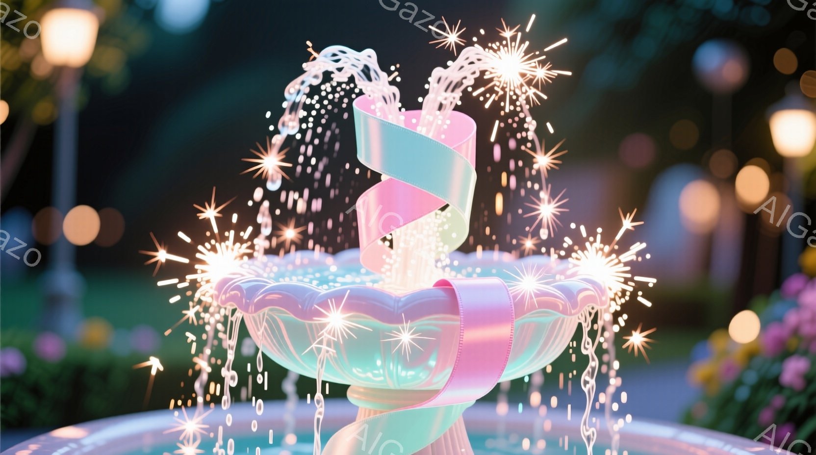 美しい噴水が夜の庭園で輝いている。噴水の水は空中に舞い上がり、ピンクのリボンとキラキラ光る粒子で飾られている。背景には緑豊かな植物とぼんやりとした光の柱が見え、幻想的な雰囲気を醸し出している。