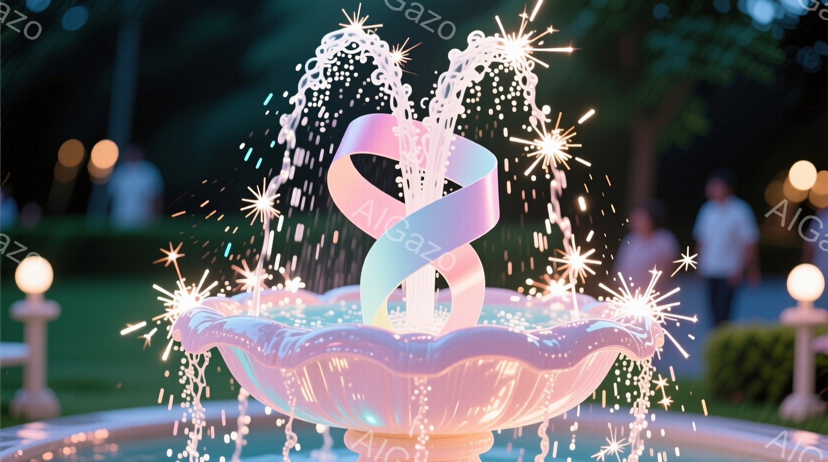 噴水が光り輝く夜の庭園を写した画像です。噴水の水は「8」の形をしており、ピンク、紫、水色のグラデーションが幻想的な雰囲気を醸し出しています。背景にはぼんやりと人影が見え、夜空には星が輝き、穏やかでロマ - AI生成フリー素材