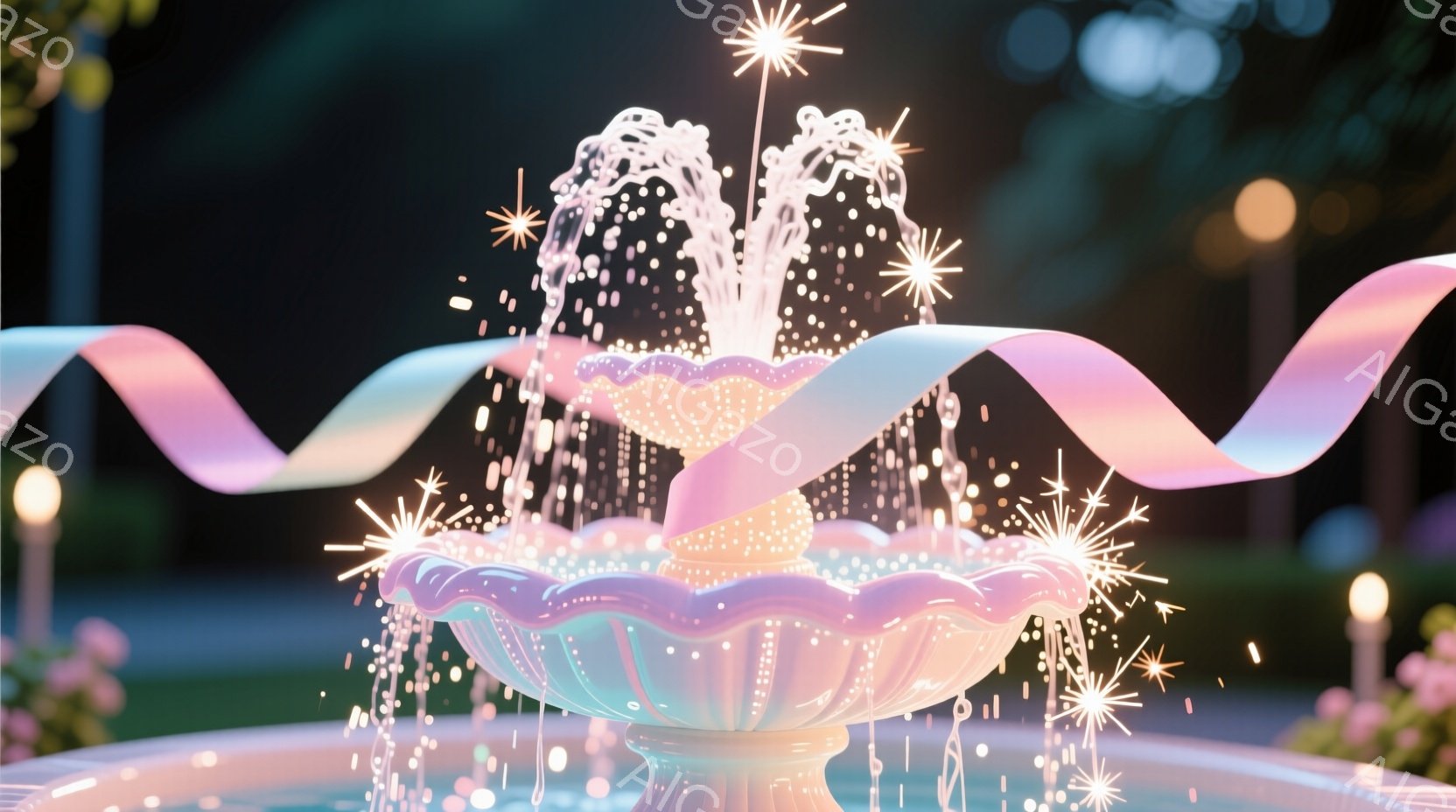 美しい噴水が夜の庭園で輝いている。淡いピンクと紫色のリボンが噴水を中心に絡みつき、水しぶきはまるで花火のように光り輝いている。背景には緑豊かな植物とぼんやりとした光が灯る建物があり、幻想的でロマンチッ - AI生成フリー素材