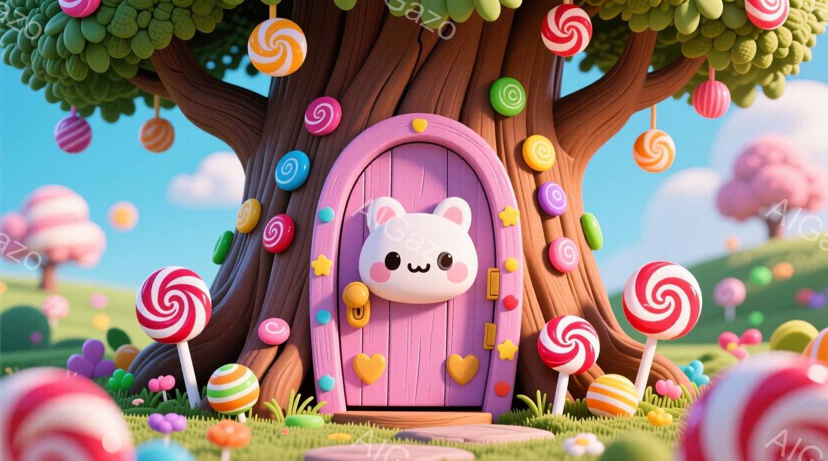 甘いお菓子の世界を表現した可愛らしい画像です。ピンク色のドアが木の幹に組み込まれており、ドアの前にはクマのキャラクターが立っています。背景にはキャンディーやロリポップで飾られた木々、緑の草、青空が広がっており、全体的に夢のような、陽気な雰囲気を醸し出しています。