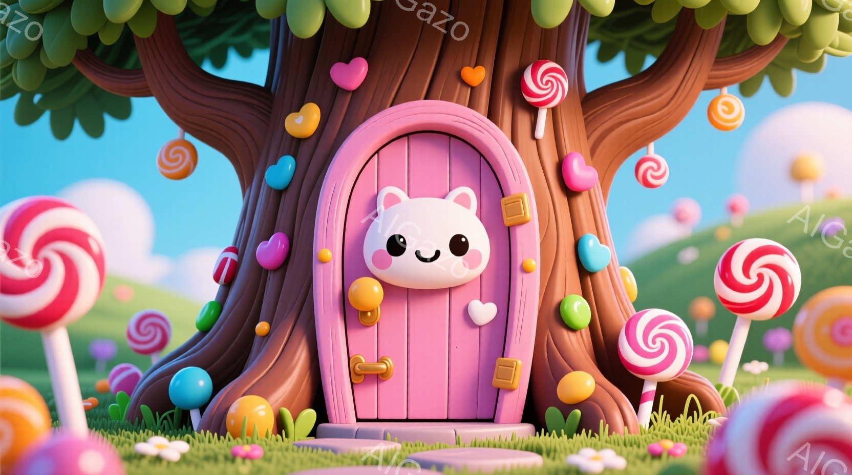 ピンク色のドアが木の幹に組み込まれており、可愛らしい顔がドアの中央に描かれています。周囲にはカラフルなキャンディやキノコが散りばめられ、緑の芝生とパステルカラーの丘が広がっています。全体的に甘くて夢の - AI生成フリー素材