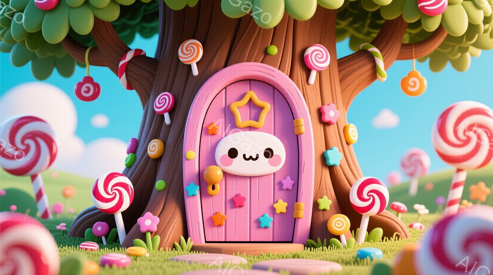 明るいピンク色のドアが、太い木の幹に組み込まれており、可愛らしい表情の顔が描かれています。背景には巨大なキャンディやキノコのようなオブジェクトが点在し、緑の草むらと青空が広がっています。全体的にファンタジーで夢のような、お菓子の国のような雰囲気です。