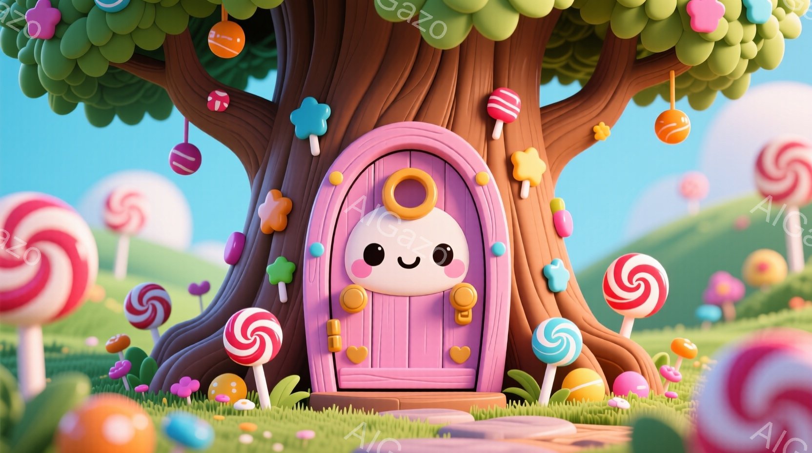 可愛らしいピンク色のドアが木の中に組み込まれており、ドアの前に小さなキャラクターが立っています。キャラクターはクリーム色の帽子をかぶり、大きな目をキラキラと輝かせ、微笑んでいます。背景には、キャンディ - AI生成フリー素材