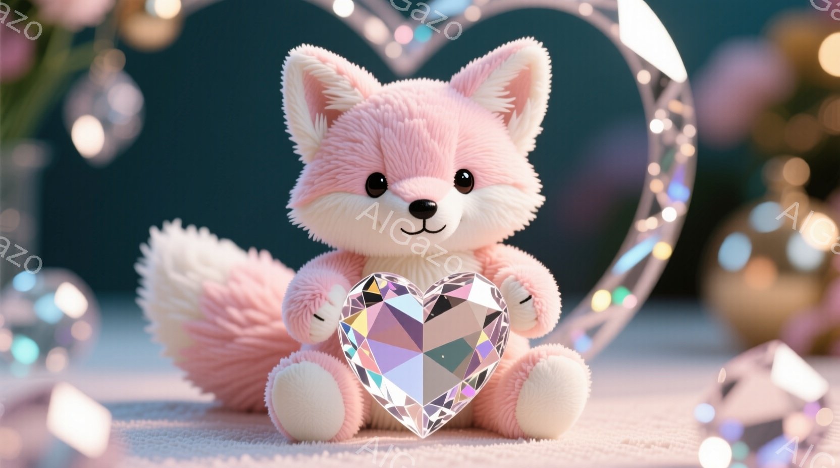 ふわふわのピンク色のキツネのぬいぐるみは、光り輝くハート型のダイヤモンドを抱きかかえています。背景には、パステルカラーの球体や光の装飾が散りばめられており、夢のような幻想的な雰囲気を醸し出しています。 - AI生成フリー素材
