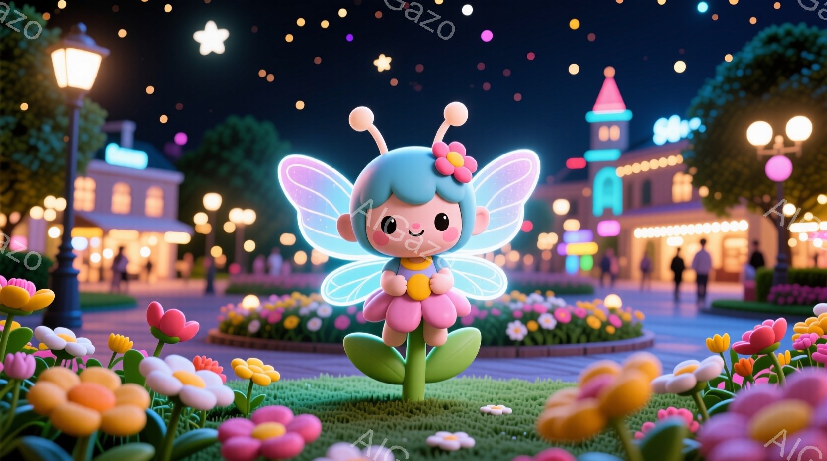 明るい夜の公園で、花のような帽子と羽を持つ小さな妖精が、緑の茎の上に立っています。 妖精は大きな目と穏やかな笑顔を持っており、周囲には色とりどりのチューリップやその他の花が咲き乱れています。 背景には - AI生成フリー素材
