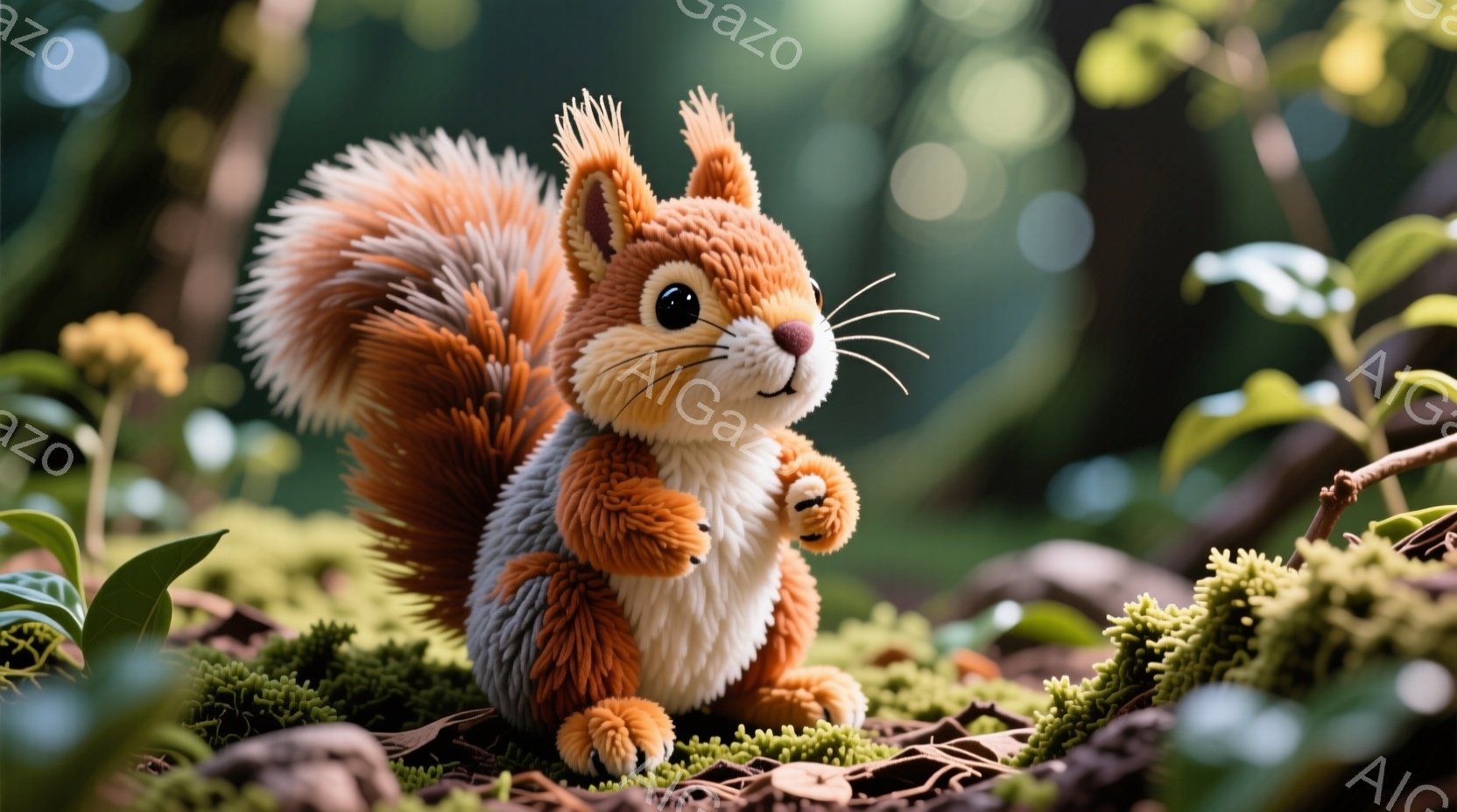 明るい赤褐色のリスが、緑色の苔の上に立っている。つぶらな瞳と、少し微笑んだような表情が可愛らしい。背景にはぼやけた緑の葉や植物が見え、柔らかな光が全体を包み込み、温かく穏やかな雰囲気を醸し出している。 - AI生成フリー素材