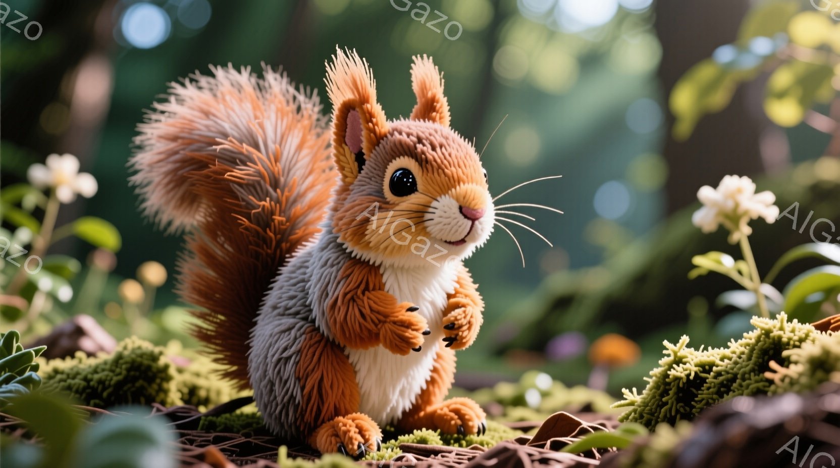 明るい森の中、ふわふわの毛並みを持つリスがこちらを見て微笑んでいます。前足で何かを握っているようで、つぶらな瞳と白いお腹が可愛らしいです。背景には緑豊かな植物や落ち葉があり、暖かく穏やかな雰囲気が漂っ - AI生成フリー素材