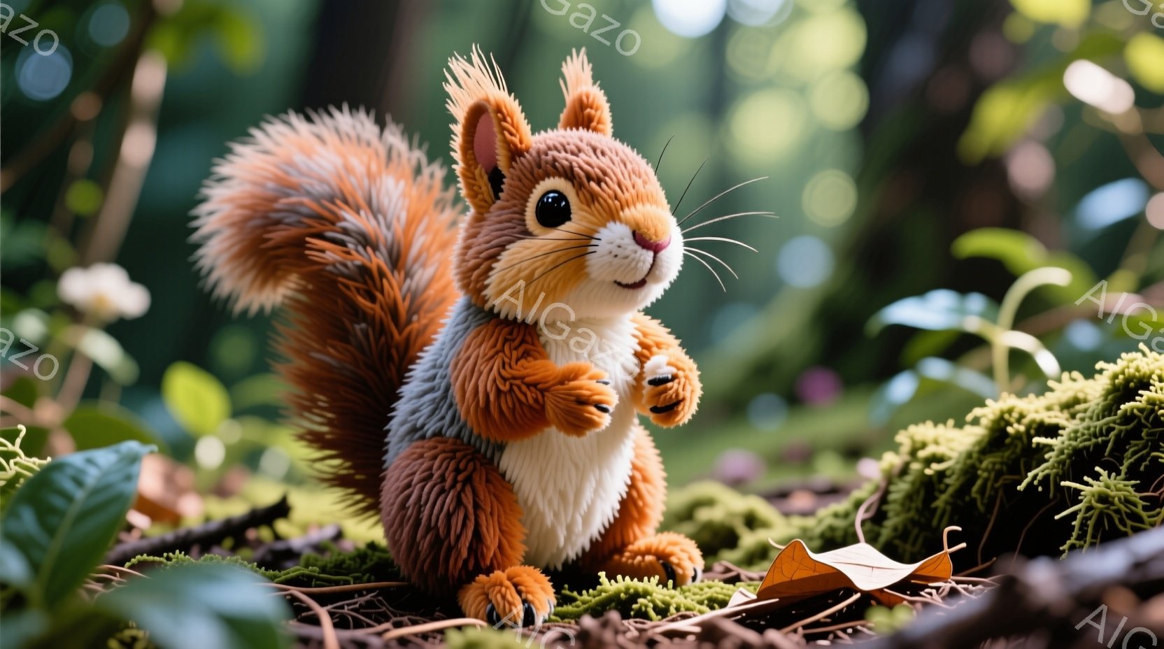 明るいオレンジ色の毛並みを持つリスが、緑色の苔の上に座って両手を組んでいます。その表情は穏やかで微笑んでおり、つぶらな瞳が愛らしい印象を与えます。背景は緑豊かな自然で、落ち葉が点在し、暖かく柔らかな雰 - AI生成フリー素材