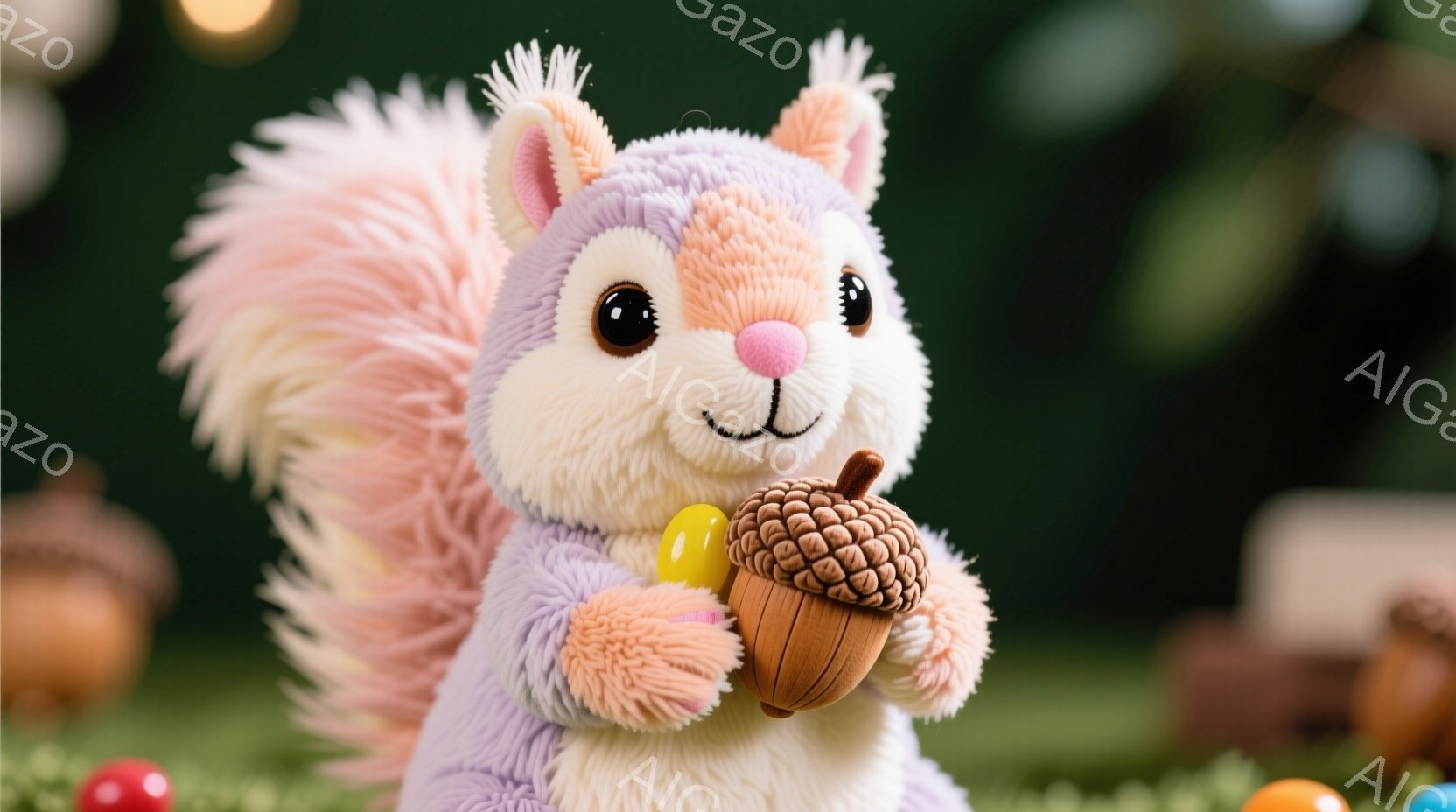 淡い紫色とピンク色のふわふわしたリスのぬいぐるみです。大きな茶色の目と小さな鼻を持ち、片手にドングリの形をしたおもちゃを持っています。背景には緑色の草のようなものと、ぼやけた他のドングリの飾りがあり、全体的に柔らかくて温かい雰囲気です。