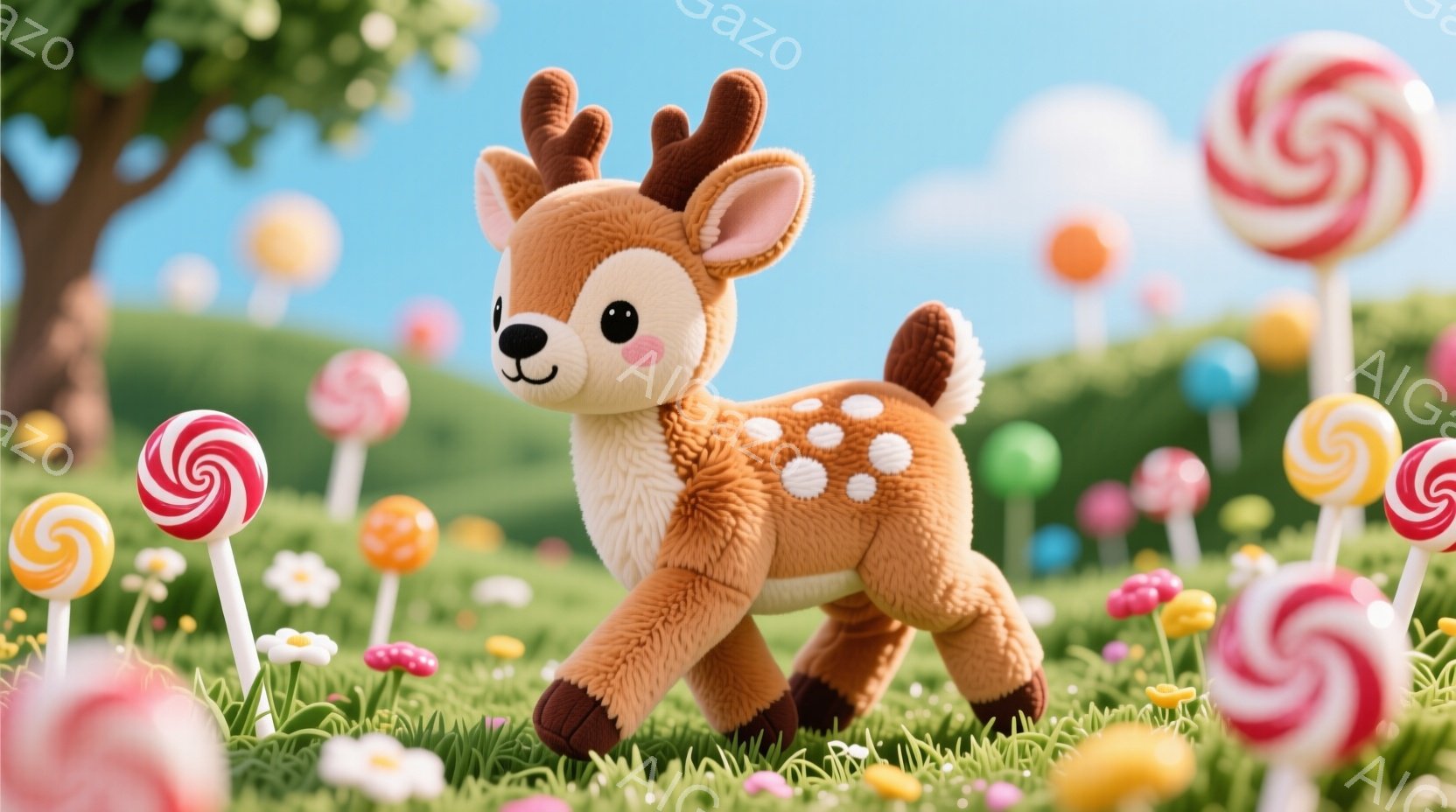 緑の草原の中に、愛らしい子鹿が立っている。白地に茶色の斑点模様が特徴で、大きな瞳と穏やかな表情が印象的だ。背景には、色とりどりのキャンディや可愛らしいキノコが点在し、夢のような雰囲気を醸し出している。