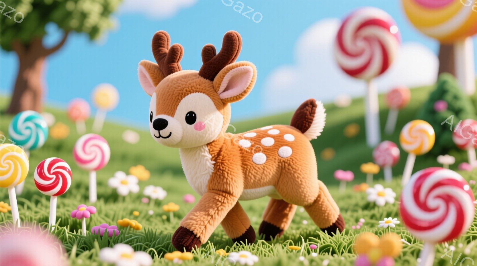草が生い茂る緑豊かな草原に立つ、愛らしい子鹿を描いています。子鹿は茶色い毛並みで、白い斑点があり、好奇心と喜びにあふれた表情をしています。背景には、様々な色の大きなキャンディが点在し、空にはふわふわの - AI生成フリー素材