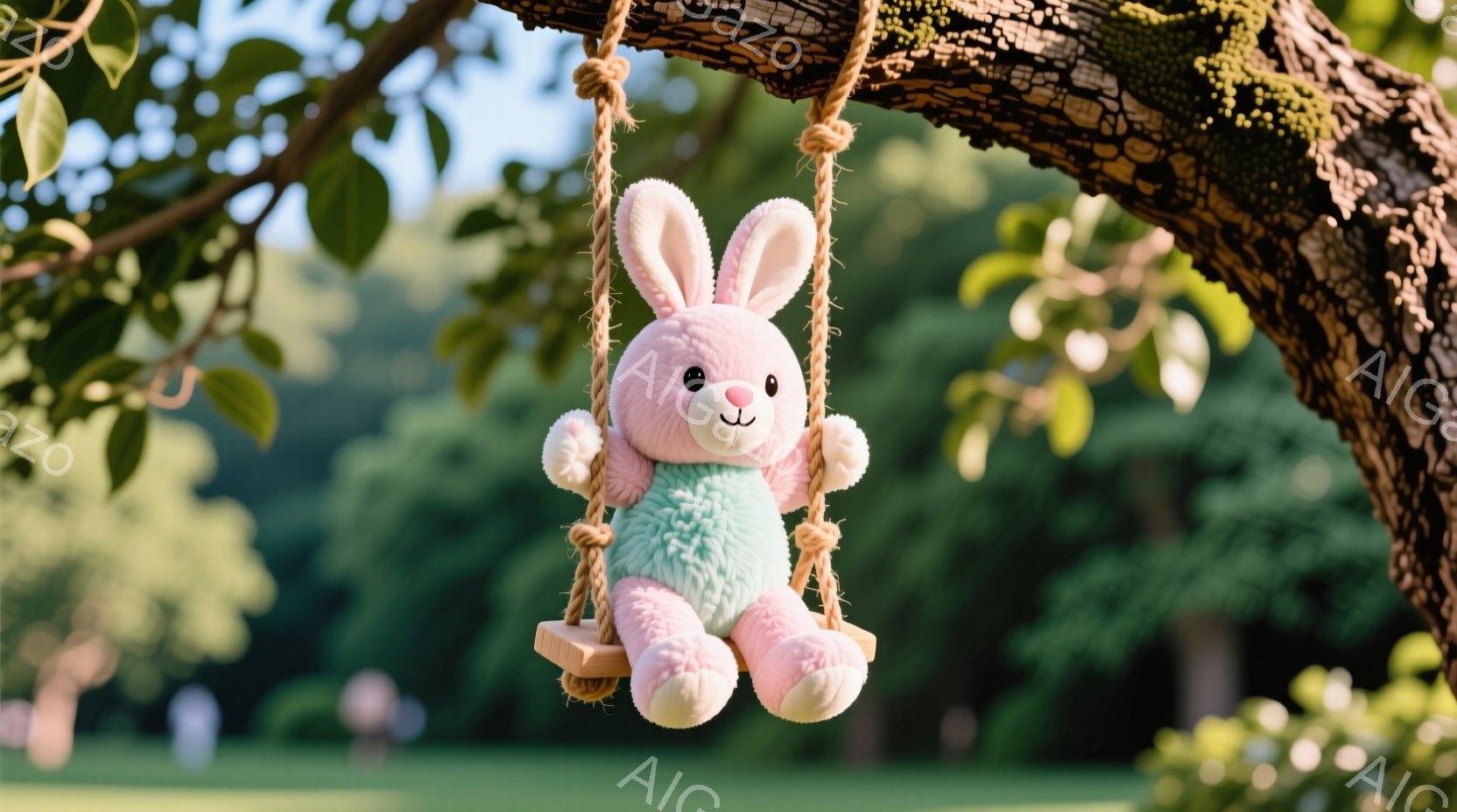 ピンク色のふわふわしたウサギのぬいぐるみがお庭の木の枝から吊るされたブランコに座っています。ウサギは水色のオーバーオールを着ており、優しい表情で正面を見つめています。背景には緑豊かな芝生と木々が見え、晴れた日の穏やかで可愛らしい雰囲気を作り出しています。