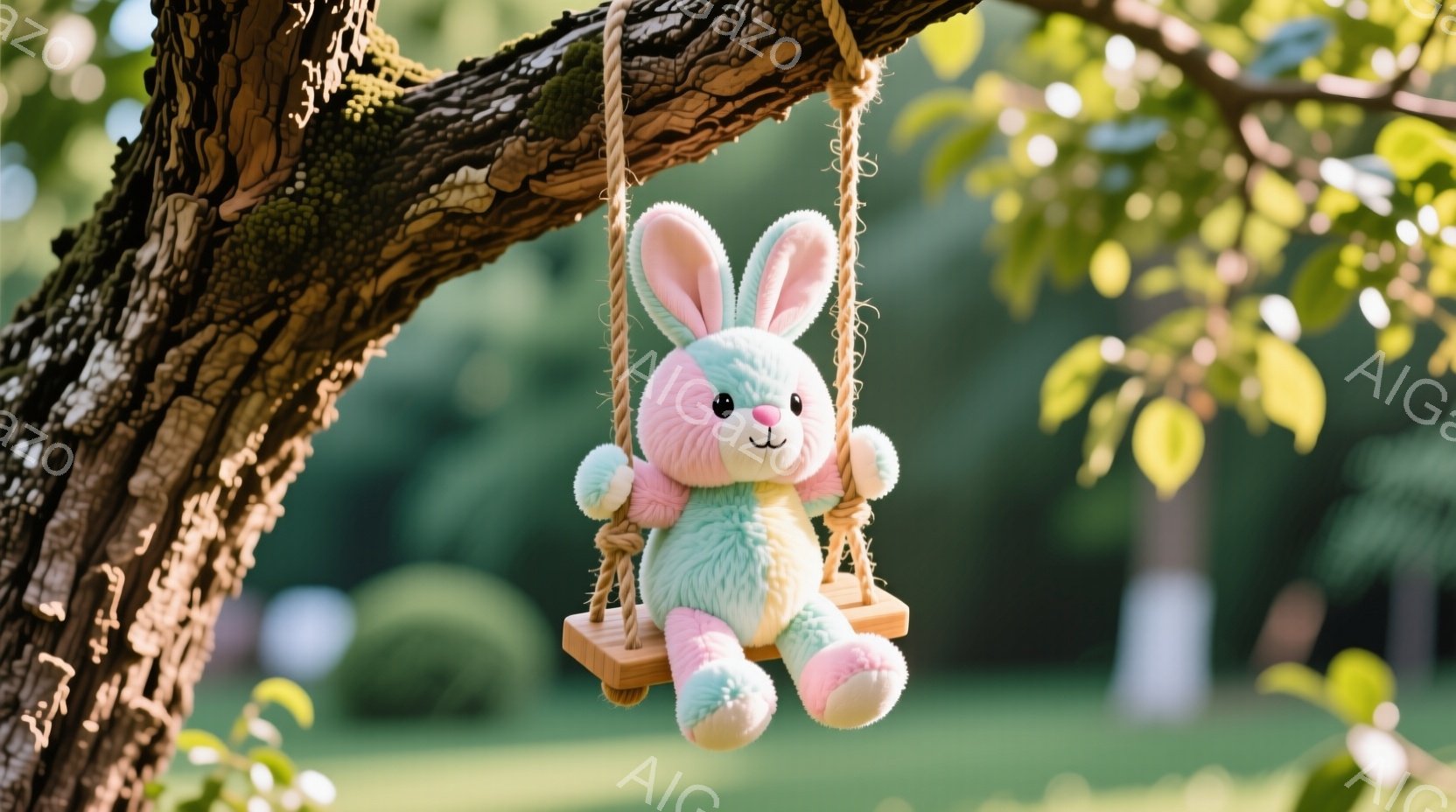 ふわふわのピンクと水色のぬいぐるみウサギが、木の枝から吊るされたブランコに座っています。ウサギは白い耳と可愛らしい笑顔で、リラックスした様子が伝わってきます。背景には緑豊かな木々とぼやけた庭園が広がり、穏やかで暖かい春の日の雰囲気が漂っています。