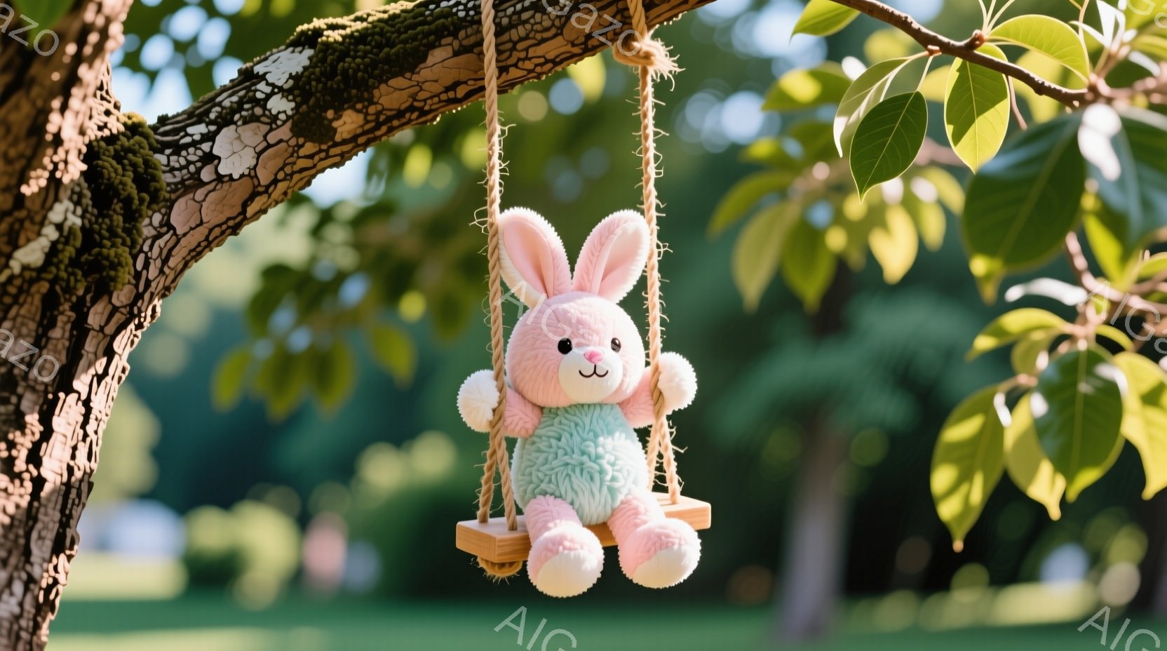 ふわふわのピンク色のウサギのぬいぐるみは、木の枝から吊るされた小さなブランコに座っています。水色のオーバーオールを着ており、つぶらな瞳と微笑みが可愛らしい表情をしています。背景には緑豊かな芝生と木々が見え、穏やかで優しい雰囲気が漂っています。
