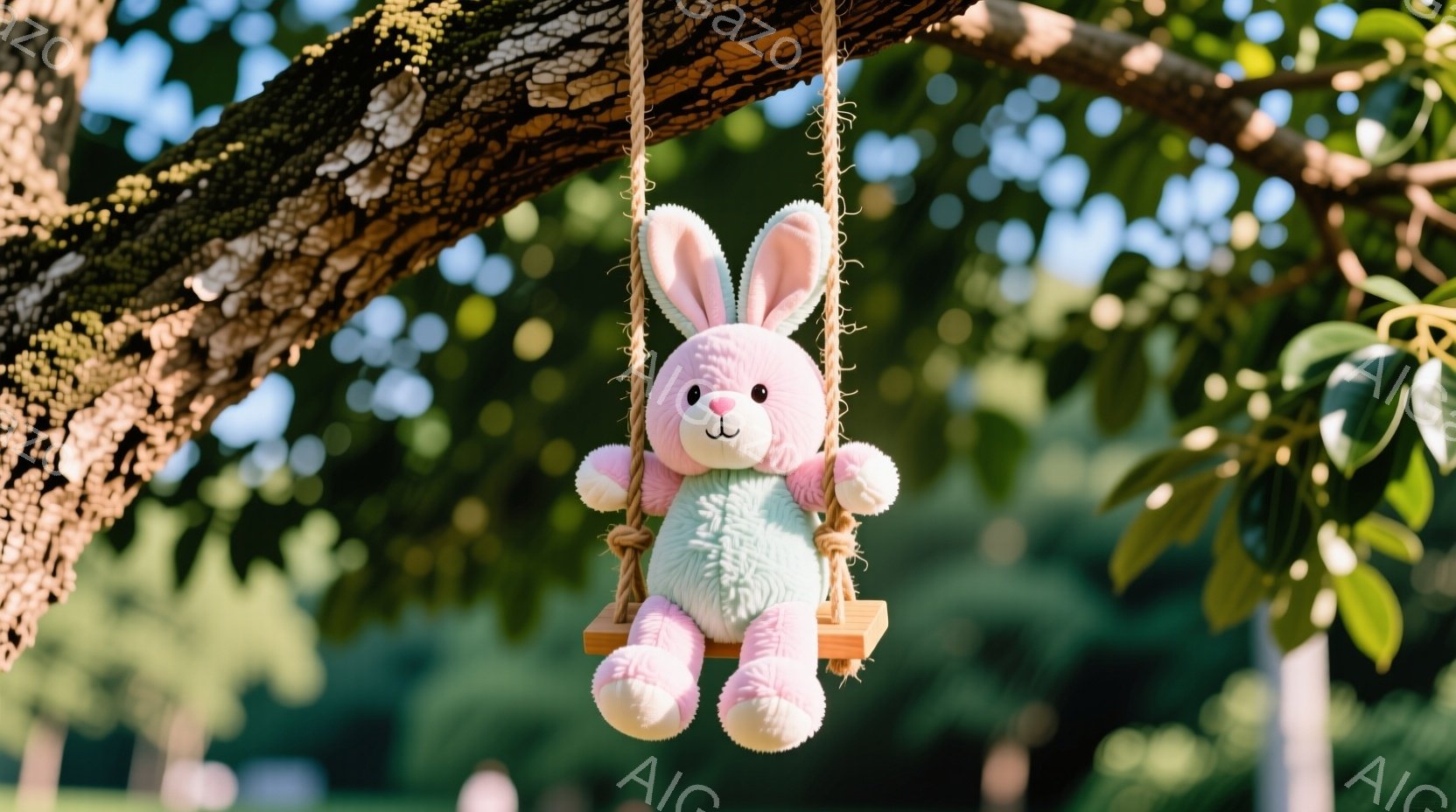 ピンクと水色のふわふわしたウサギのぬいぐるみがおもちゃのブランコに座っています。ウサギは正面を見て微笑んでおり、つぶらな瞳が愛らしいです。背景には緑豊かな木々と青空が広がり、穏やかで平和な雰囲気です。 - AI生成フリー素材