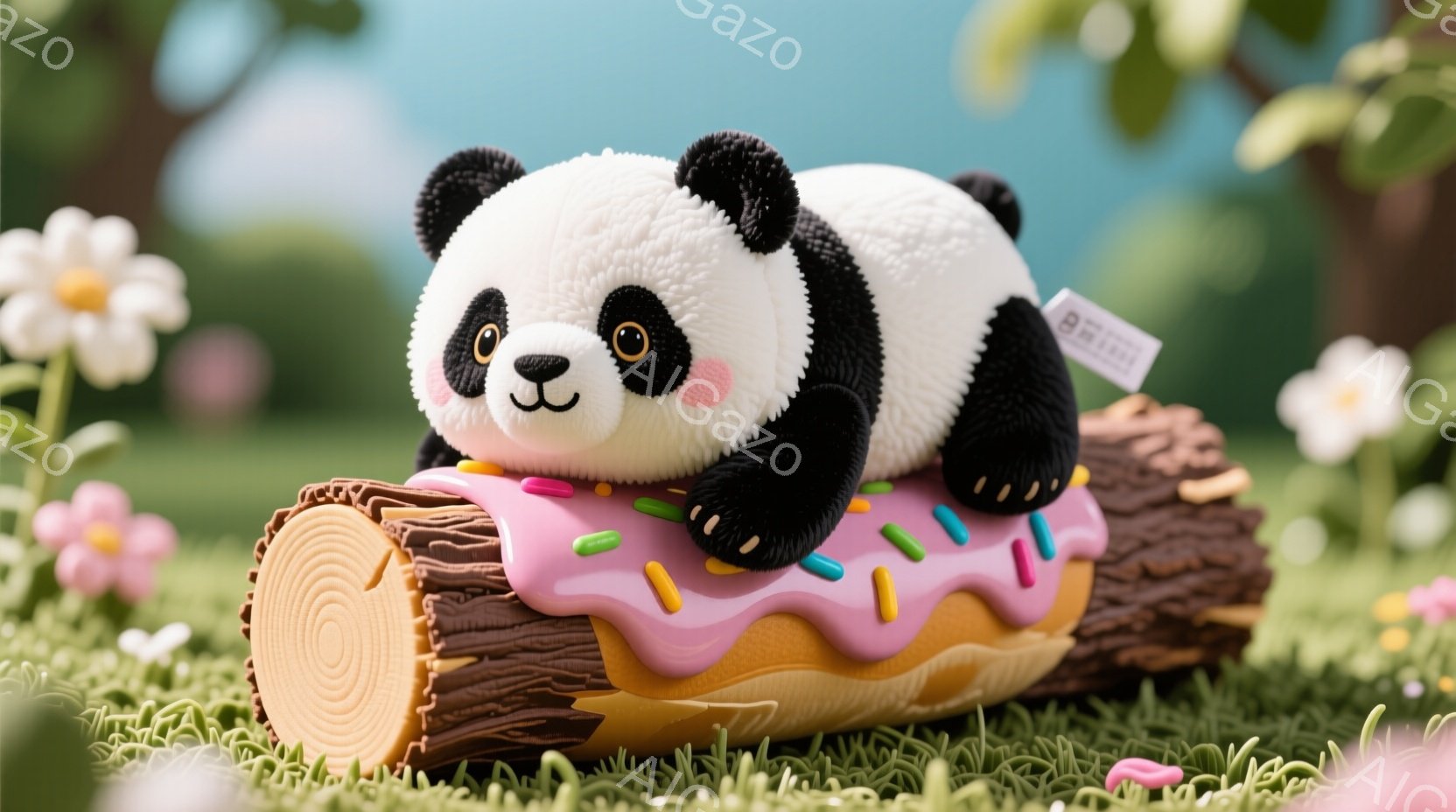 白と黒のパンダが、ピンク色のアイシングとカラフルなスプリンクルが飾られたドーナツ型の木の幹の上に横たわっています。パンダは丸くてふわふわしており、笑顔で、可愛らしい表情をしています。背景には緑の草とピ - AI生成フリー素材
