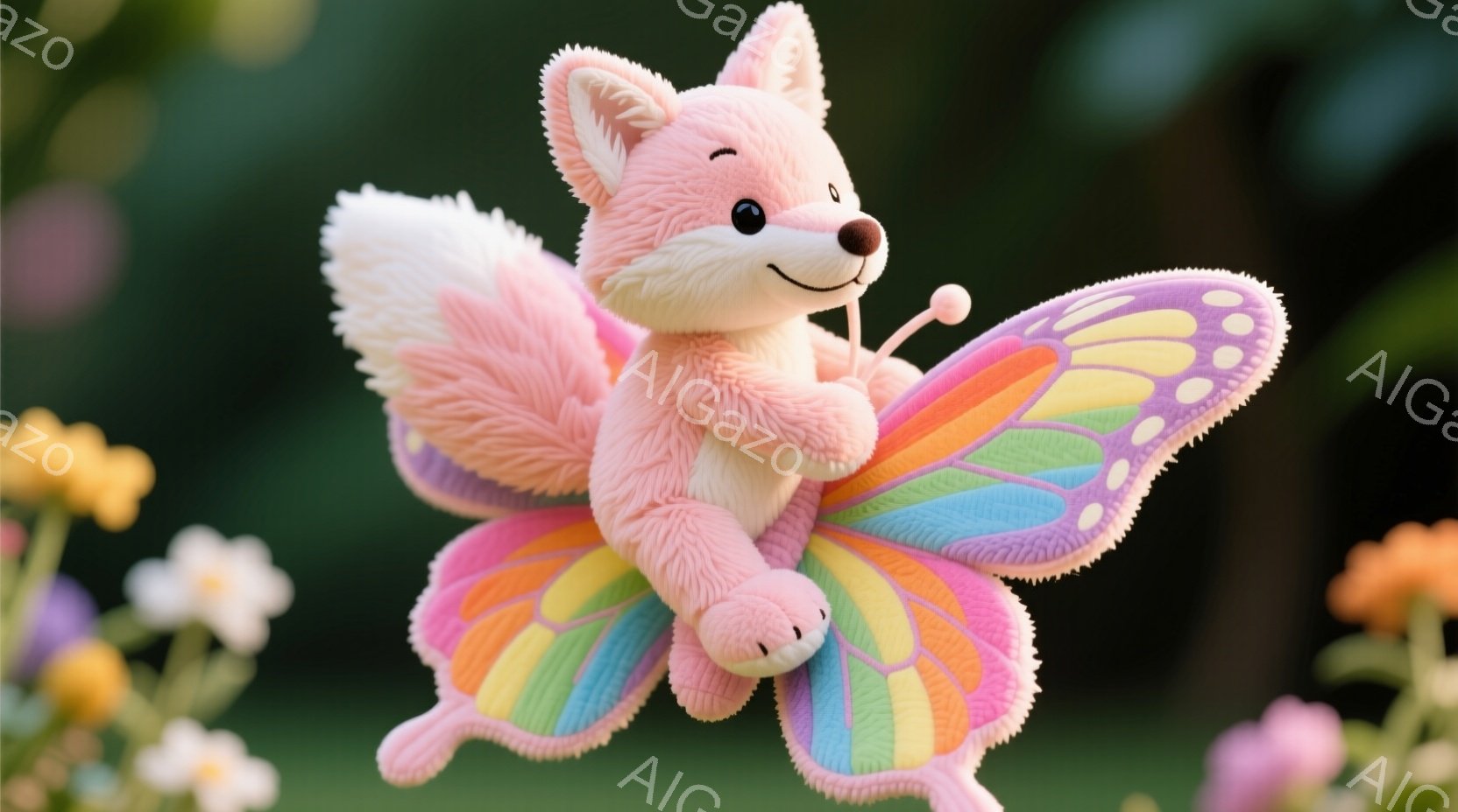 ふわふわのピンク色のキツネが、虹色の蝶の翼を背中に付けて空中に浮かんでいます。キツネは愛らしい表情で、小さな手で翼を支えているようです。背景には緑の草と白い花が咲き、暖かく穏やかな雰囲気を醸し出しています。