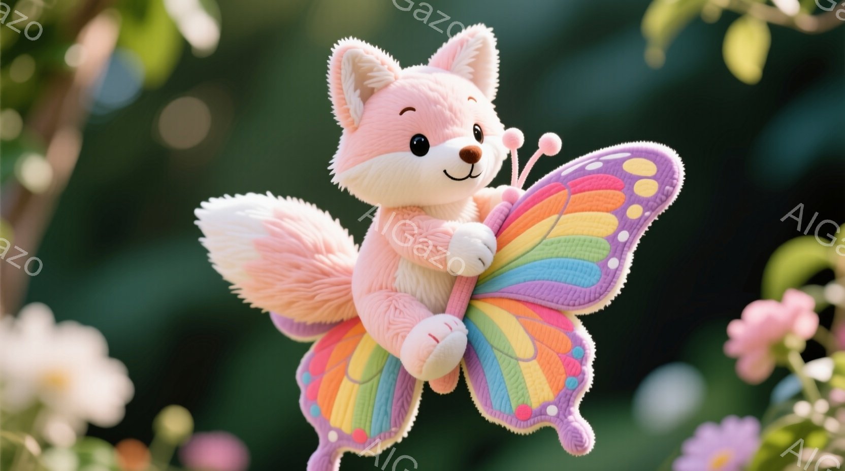 鮮やかなピンク色の毛並みを持つ、かわいらしいキツネのぬいぐるみです。大きな蝶の羽を背中に付けており、まるで妖精のような姿です。背景にはぼやけたピンクの花々が咲き誇り、春らしい暖かく優しい雰囲気を醸し出しています。