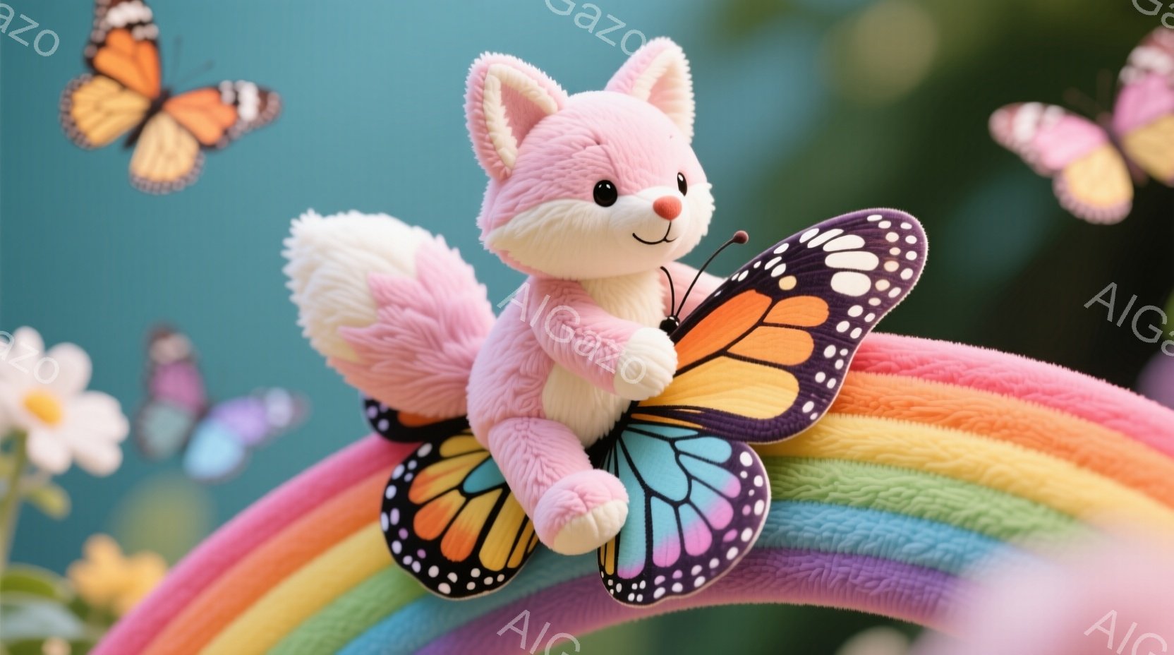 ピンク色のふわふわしたキツネのぬいぐるみが虹の上に乗っています。鮮やかなオレンジと黒の模様の蝶がキツネの周りを舞い、白い花が背景に咲いています。全体的に、夢のような、明るく楽しい雰囲気が漂っています。 - AI生成フリー素材