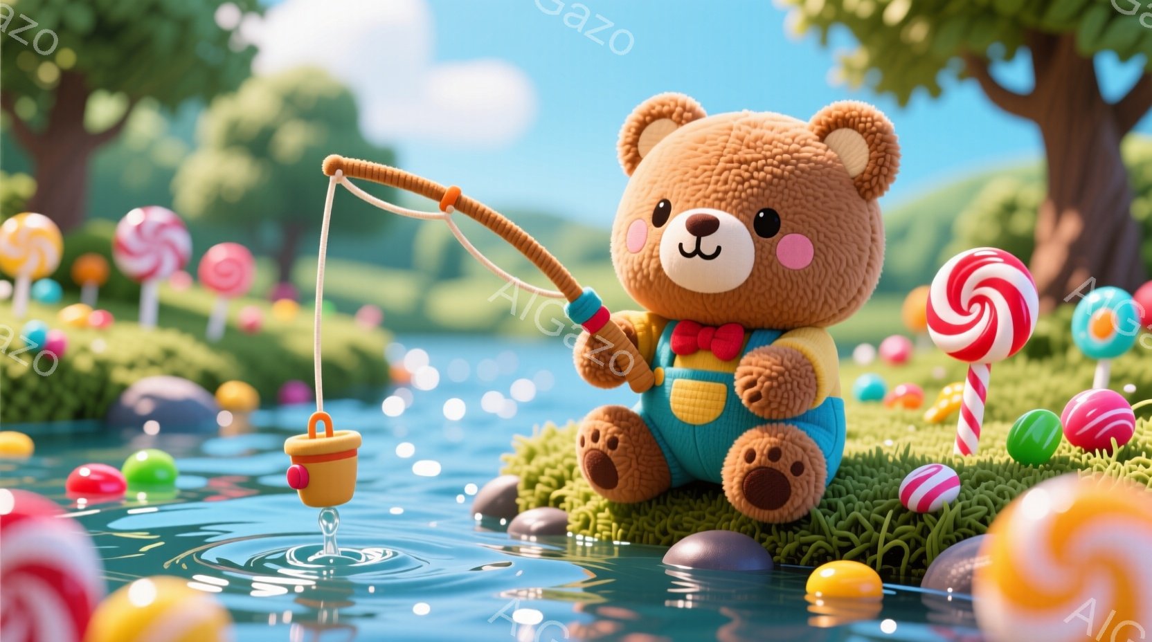 ふわふわの茶色のクマが青いサスペンダーと赤い蝶ネクタイを着て、緑の芝生の上に座って釣りをしています。背景にはカラフルなキャンディや花が咲き乱れ、水面には水滴が弾けており、全体的に夢のような可愛らしい雰囲気です。クマは穏やかな表情で、楽しそうに釣りの糸を操っています。