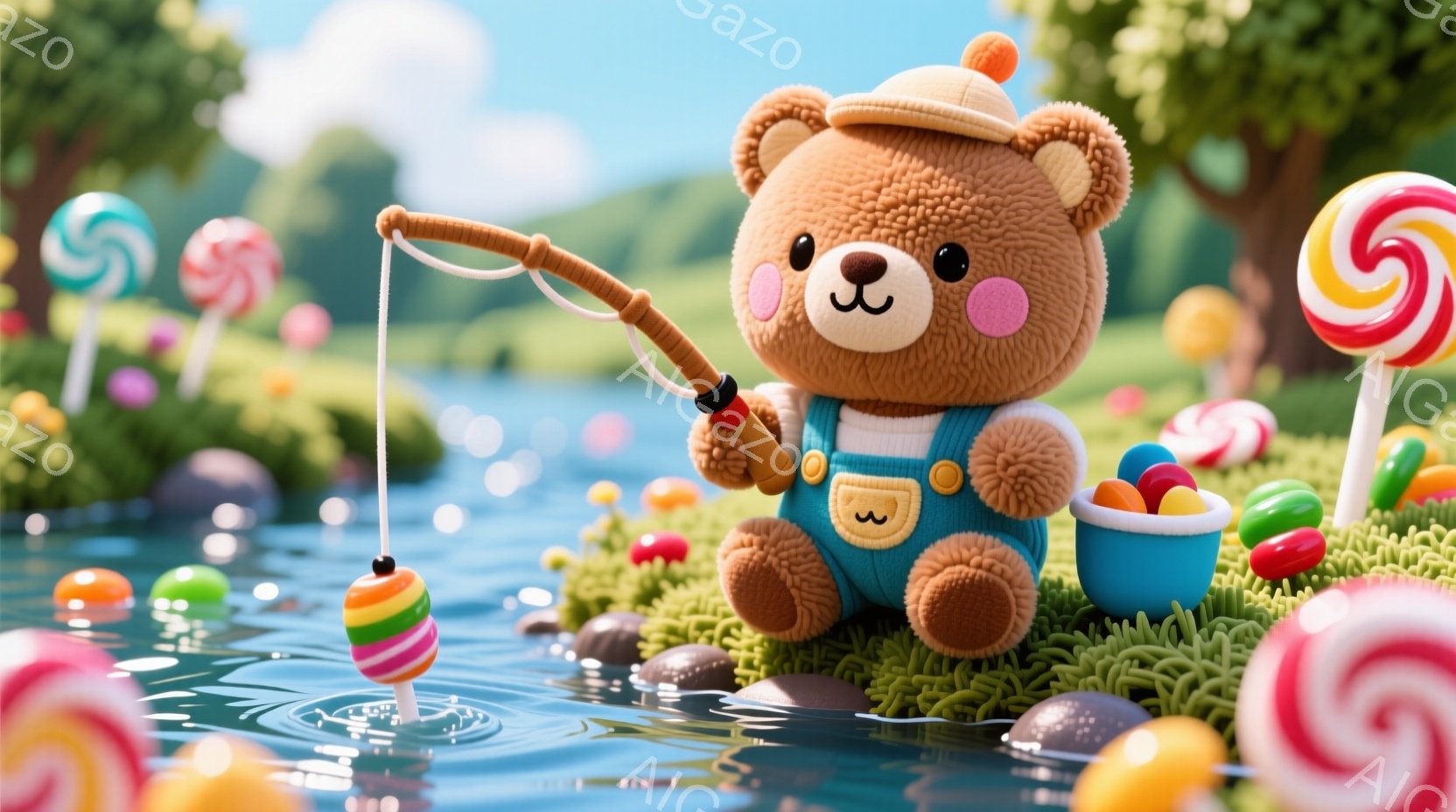 ふわふわの茶色のクマのぬいぐるみは、ターコイズブルーのオーバーオールと麦わら帽子を身に着けて、釣りをしています。背景には、カラフルなキャンディや丸い石が散らばる緑の芝生と、水面には釣った魚のようなカラフルなボールが浮かんでいます。全体的に、夢のような、陽気でかわいらしい雰囲気が漂っています。