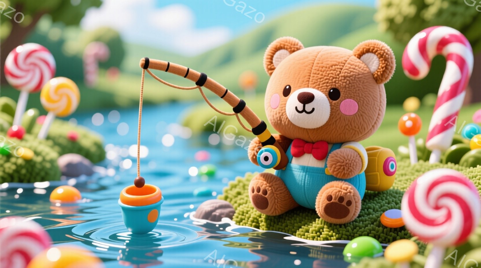 ふわふわの茶色のクマが、水色のオーバーオールと赤い蝶ネクタイを着て、釣りをしています。背景にはキャンディーやカラフルな卵が点在し、緑の芝生と青い川が広がっています。全体的に、お菓子のような甘くて夢幻的 - AI生成フリー素材
