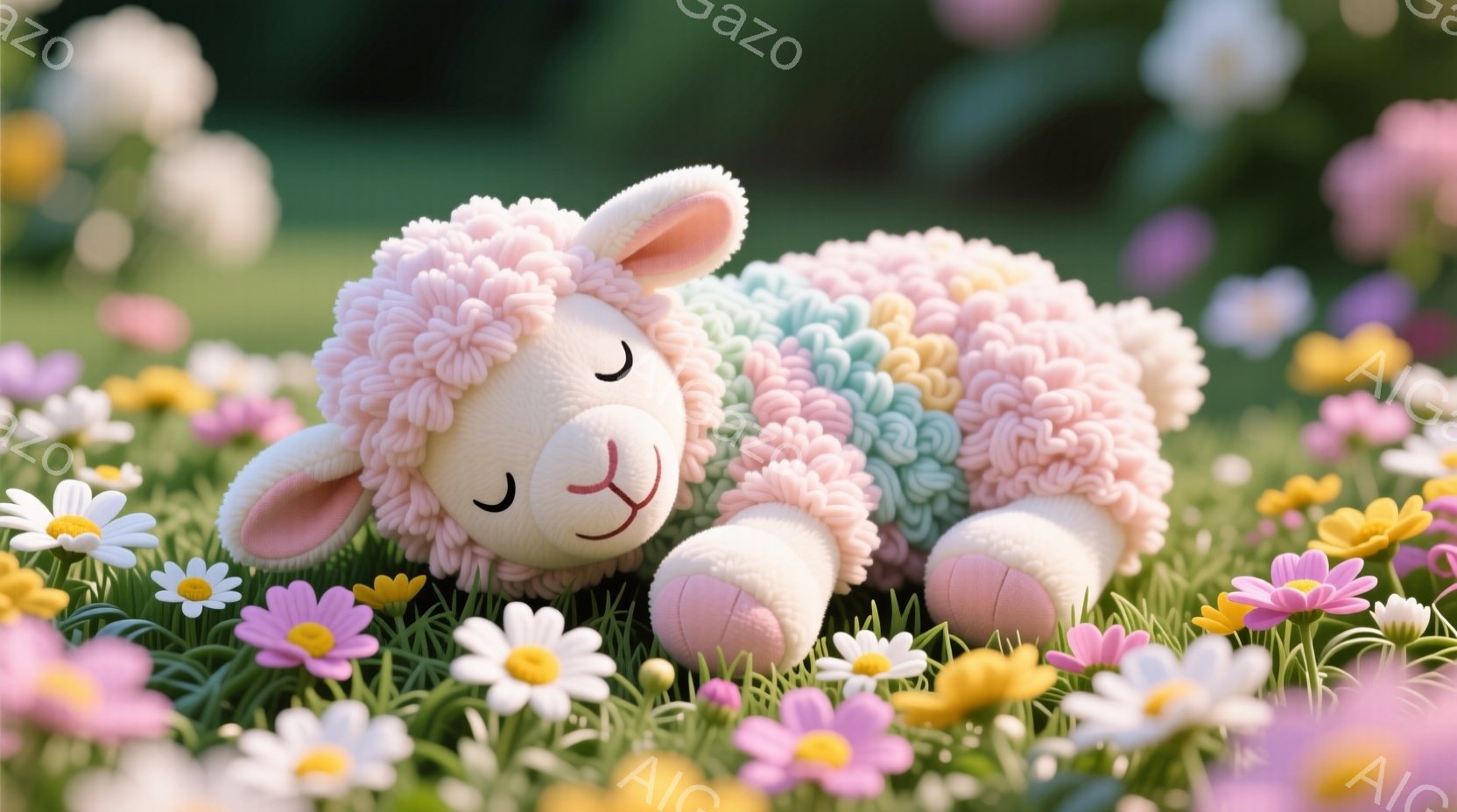 ふわふわのピンクと水色の毛並みを持つ子羊が、花畑の中で横たわっています。目は閉じ、穏やかな表情をしており、リラックスした様子が伝わってきます。背景には様々な色の花々が咲き乱れ、春の暖かく優しい雰囲気を醸し出しています。